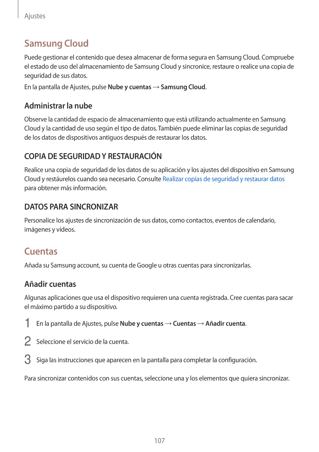 Samsung SM-T719NZKEPHE, SM-T819NZKEPHE, SM-T719NZWEPHE manual Samsung Cloud, Cuentas, Administrar la nube, Añadir cuentas 