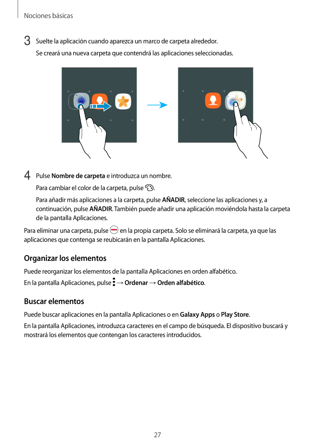 Samsung SM-T719NZKEPHE, SM-T819NZKEPHE, SM-T719NZWEPHE, SM-T819NZWEPHE manual Organizar los elementos, Buscar elementos 