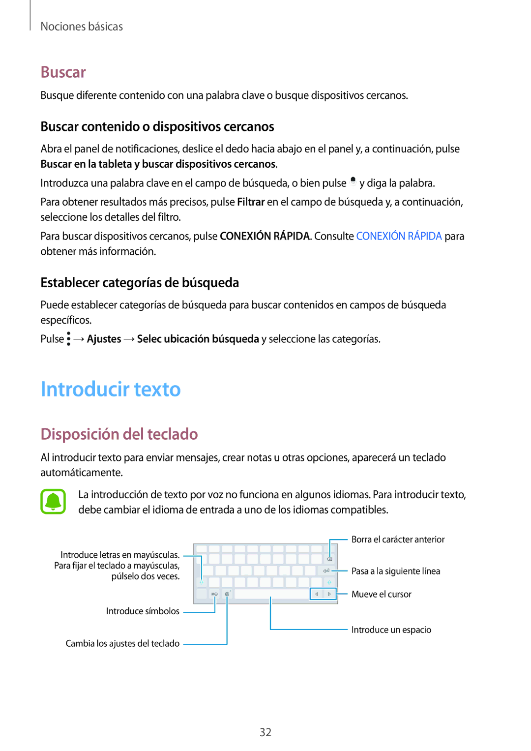 Samsung SM-T819NZKEPHE manual Introducir texto, Disposición del teclado, Buscar contenido o dispositivos cercanos 