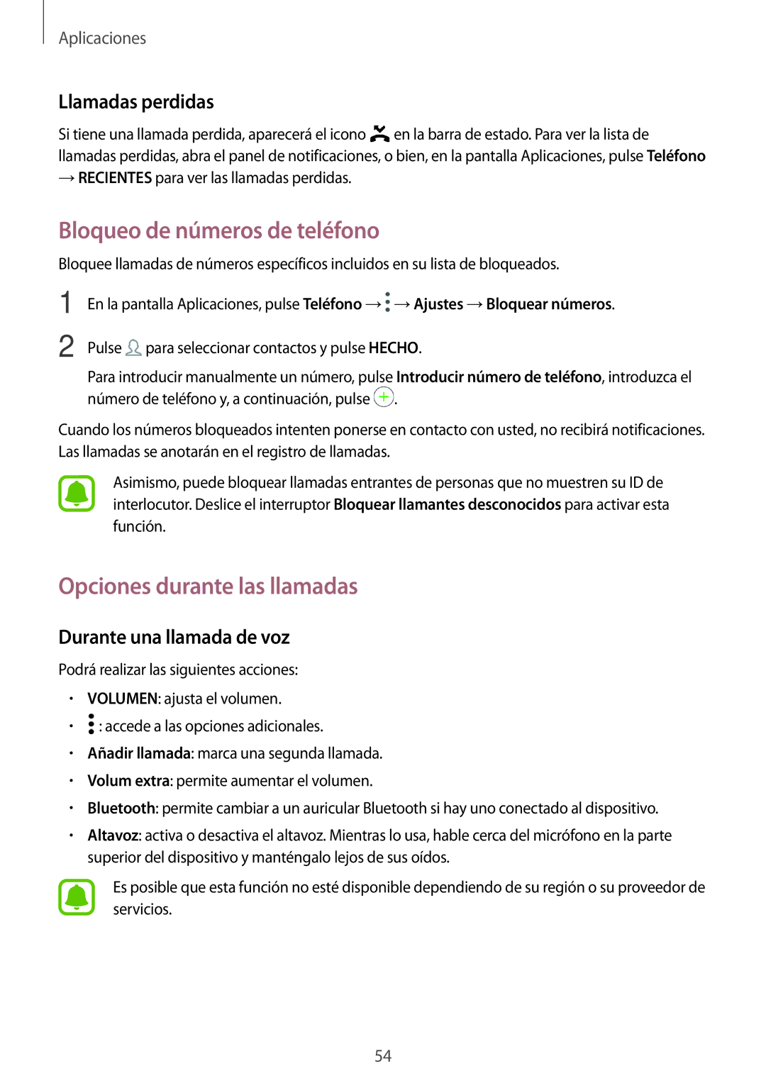 Samsung SM-T819NZWEPHE, SM-T819NZKEPHE Bloqueo de números de teléfono, Opciones durante las llamadas, Llamadas perdidas 