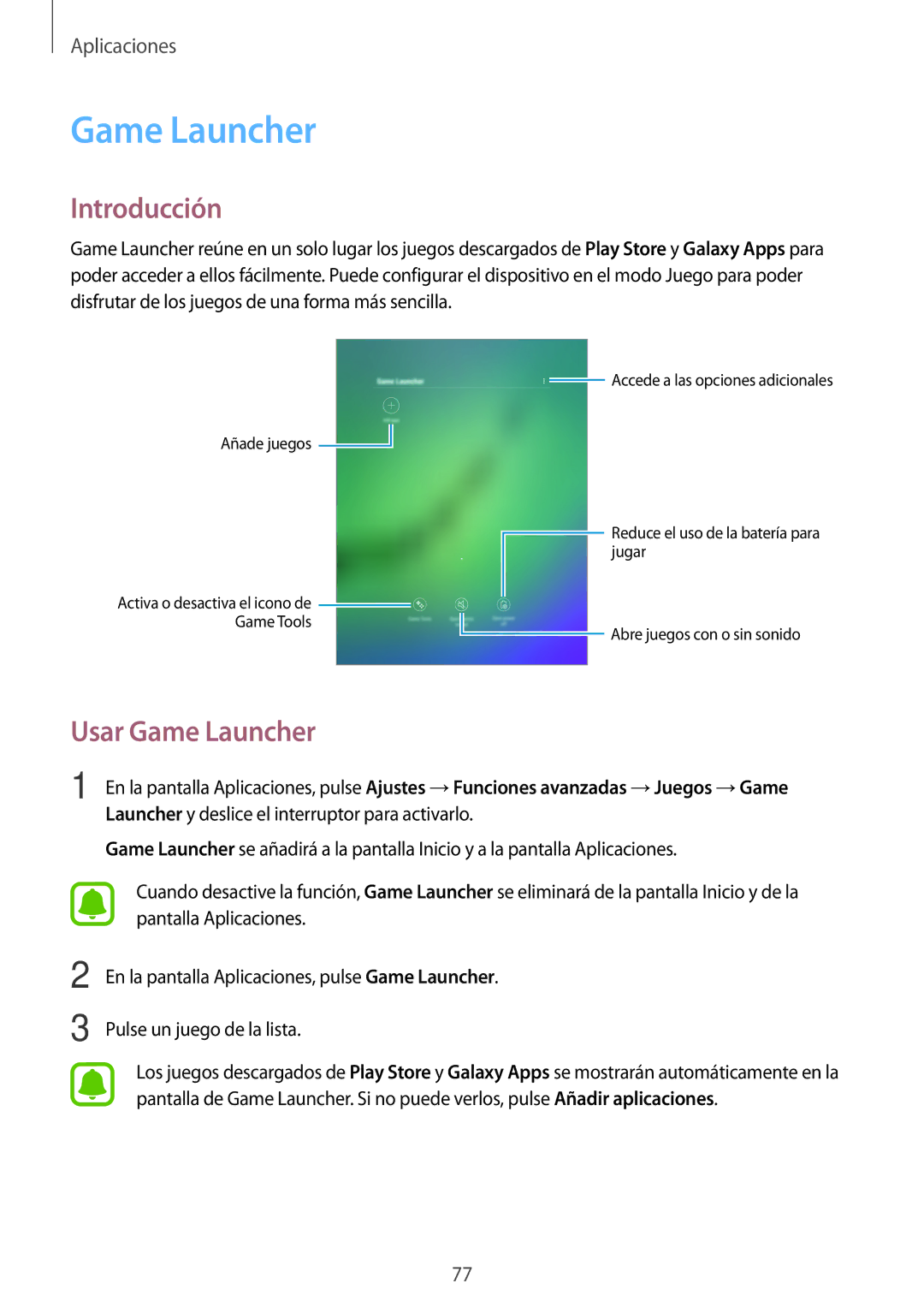 Samsung SM-T719NZWEPHE, SM-T819NZKEPHE, SM-T819NZWEPHE, SM-T719NZKEPHE manual Usar Game Launcher 