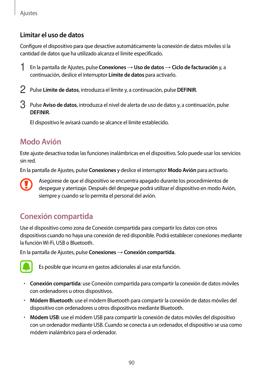 Samsung SM-T819NZWEPHE, SM-T819NZKEPHE, SM-T719NZWEPHE manual Modo Avión, Conexión compartida, Limitar el uso de datos 