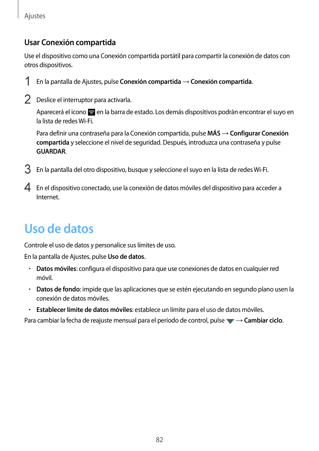 Samsung SM-T819NZWEPHE, SM-T819NZKEPHE, SM-T719NZWEPHE, SM-T719NZKEPHE manual Uso de datos, Usar Conexión compartida 