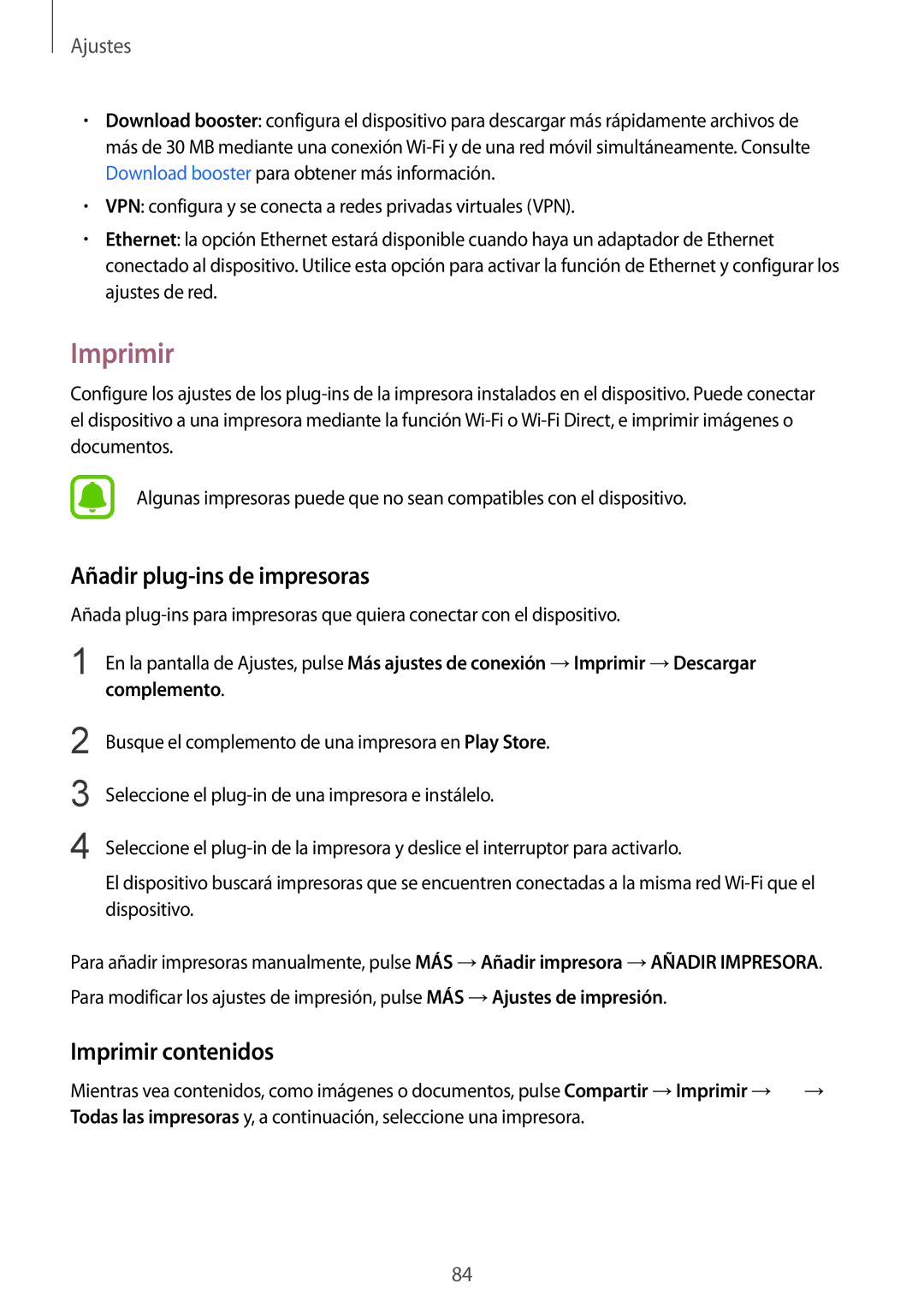 Samsung SM-T819NZKEPHE, SM-T719NZWEPHE, SM-T819NZWEPHE manual Añadir plug-ins de impresoras, Imprimir contenidos 