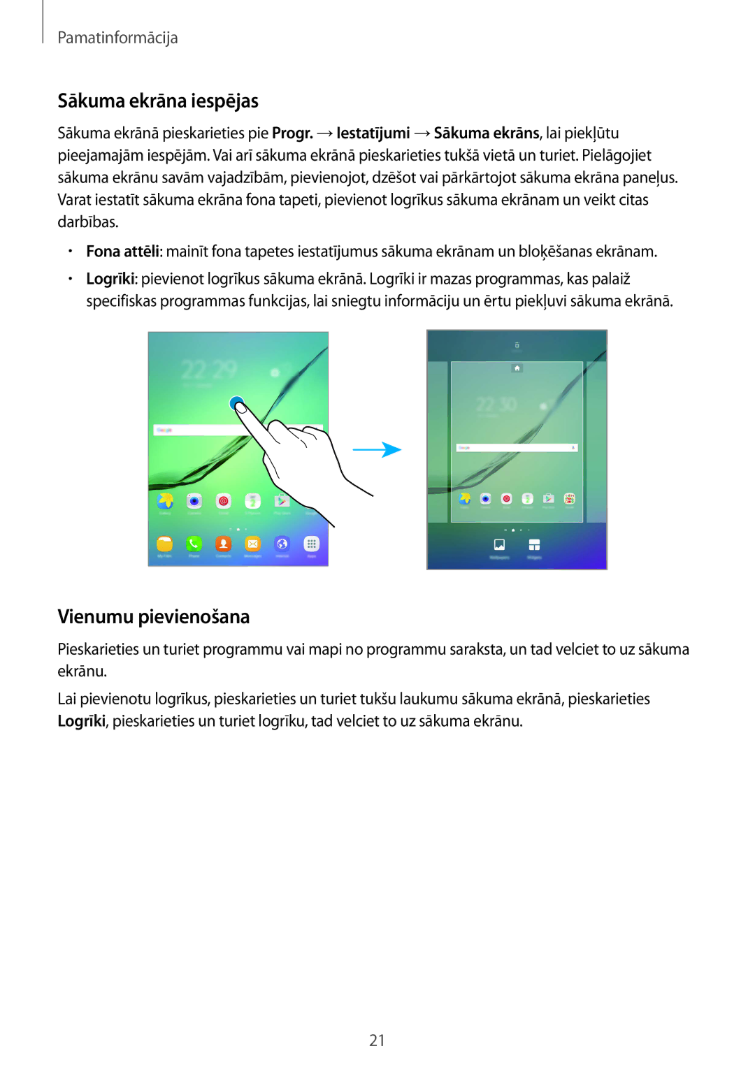 Samsung SM-T819NZWESEB, SM-T819NZKESEB manual Sākuma ekrāna iespējas, Vienumu pievienošana 