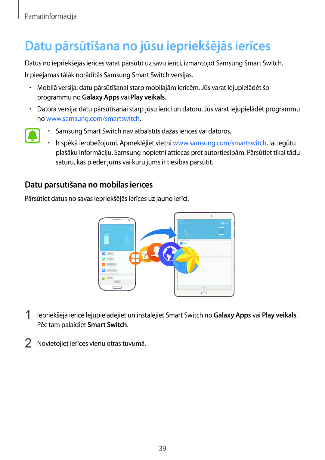 Samsung SM-T819NZWESEB, SM-T819NZKESEB Datu pārsūtīšana no jūsu iepriekšējās ierīces, Datu pārsūtīšana no mobilās ierīces 