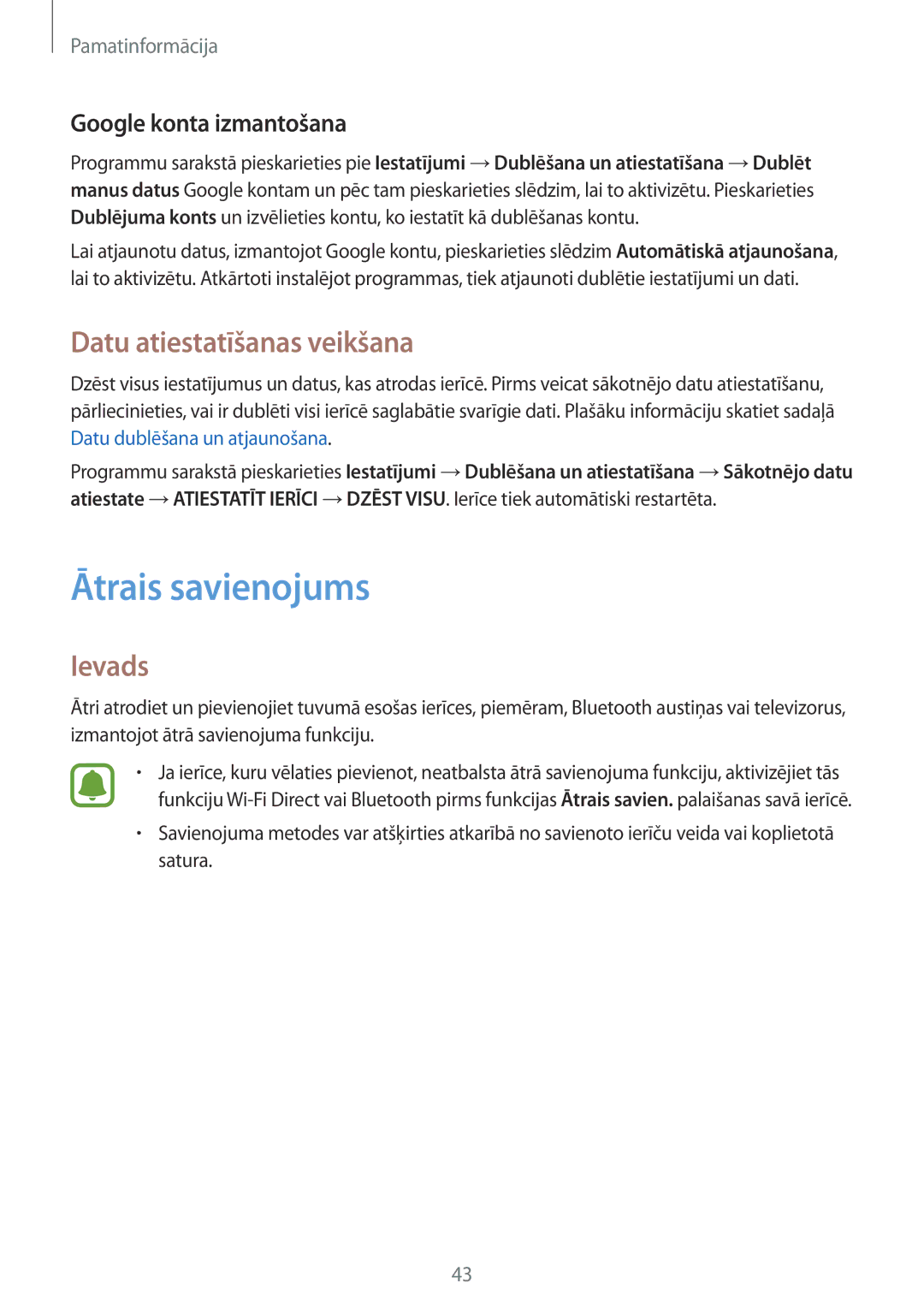 Samsung SM-T819NZWESEB, SM-T819NZKESEB manual Ātrais savienojums, Datu atiestatīšanas veikšana, Google konta izmantošana 