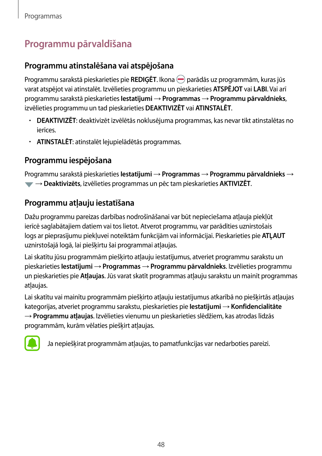 Samsung SM-T819NZKESEB manual Programmu pārvaldīšana, Programmu atinstalēšana vai atspējošana, Programmu iespējošana 