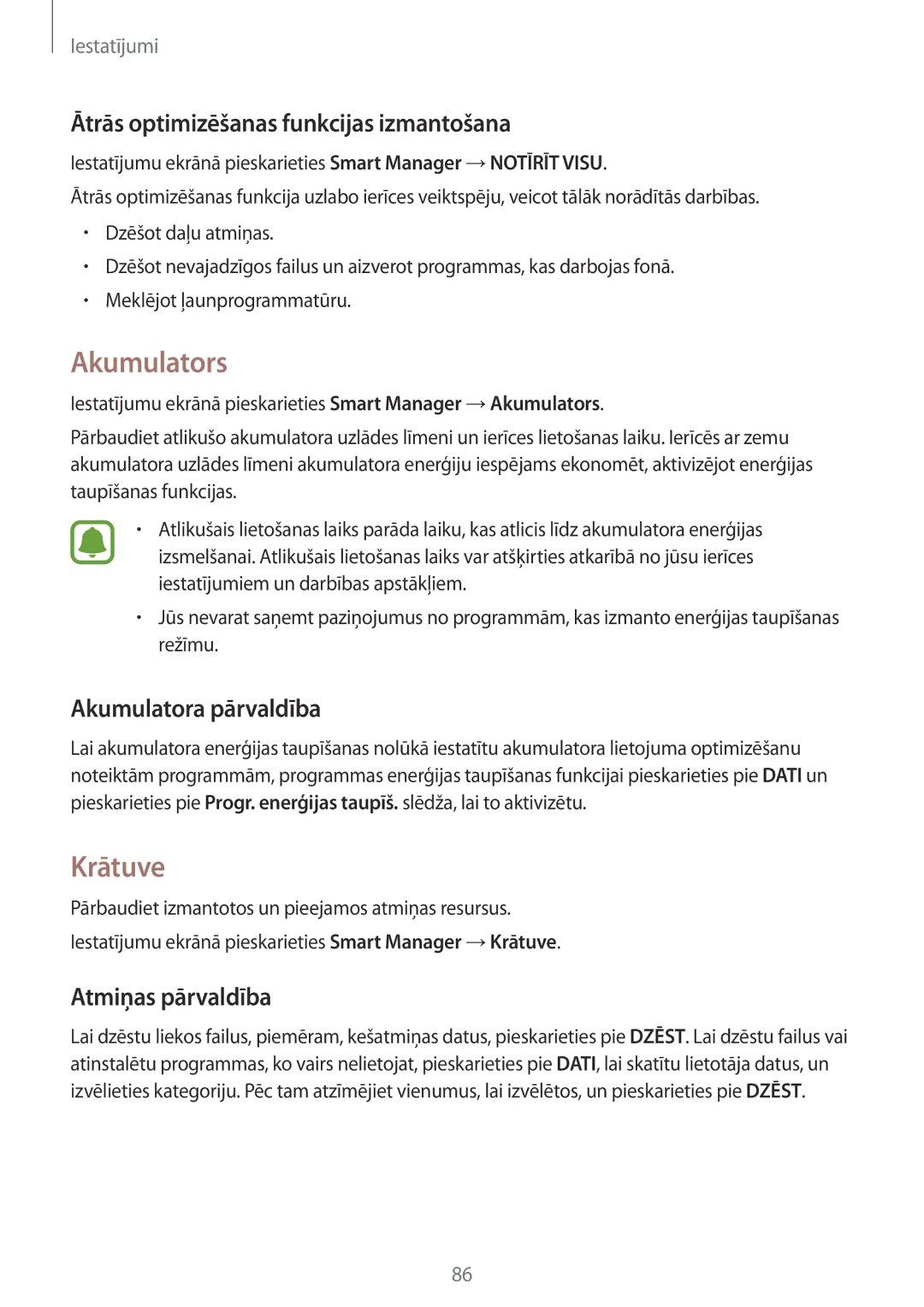 Samsung SM-T819NZKESEB manual Akumulators, Krātuve, Ātrās optimizēšanas funkcijas izmantošana, Akumulatora pārvaldība 