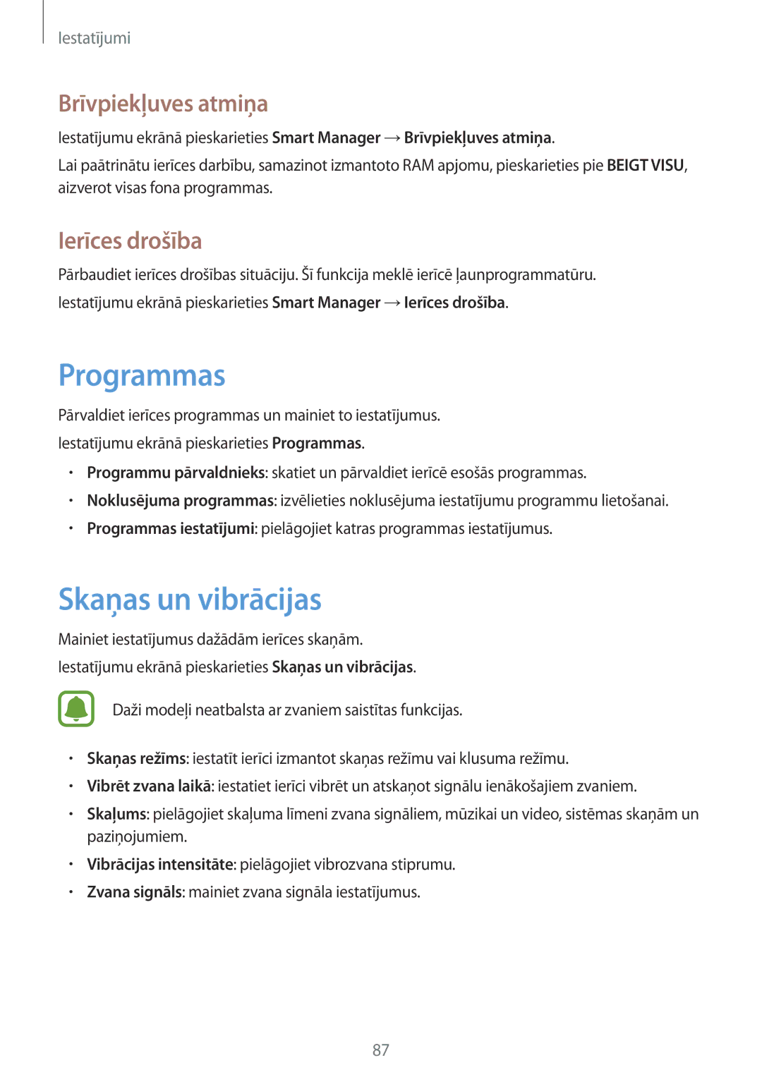 Samsung SM-T819NZWESEB, SM-T819NZKESEB manual Programmas, Skaņas un vibrācijas, Brīvpiekļuves atmiņa, Ierīces drošība 