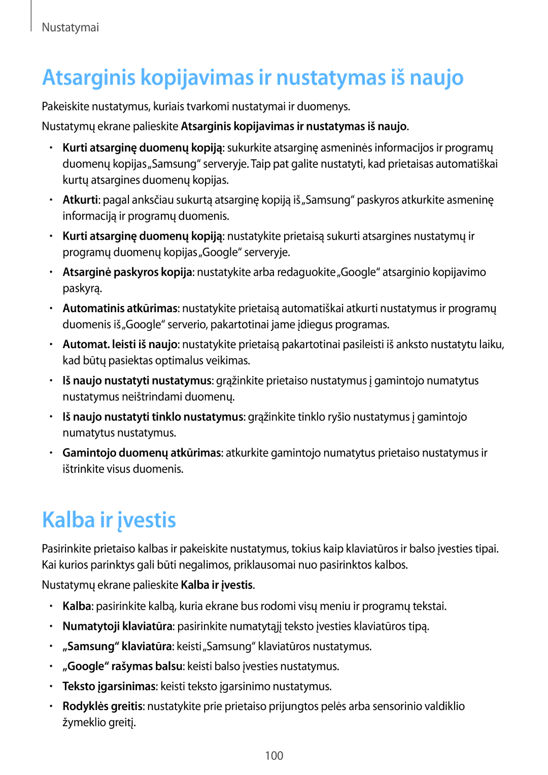 Samsung SM-T819NZKESEB, SM-T819NZWESEB manual Kalba ir įvestis, Atsarginis kopijavimas ir nustatymas iš naujo 