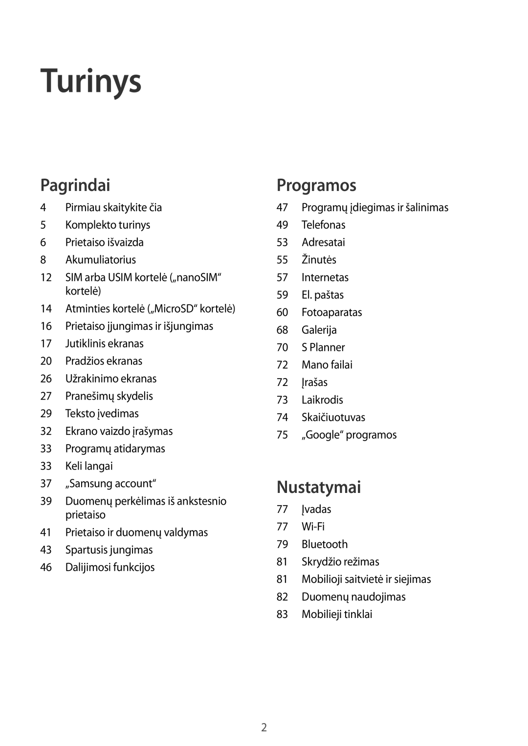 Samsung SM-T819NZKESEB, SM-T819NZWESEB manual Turinys 