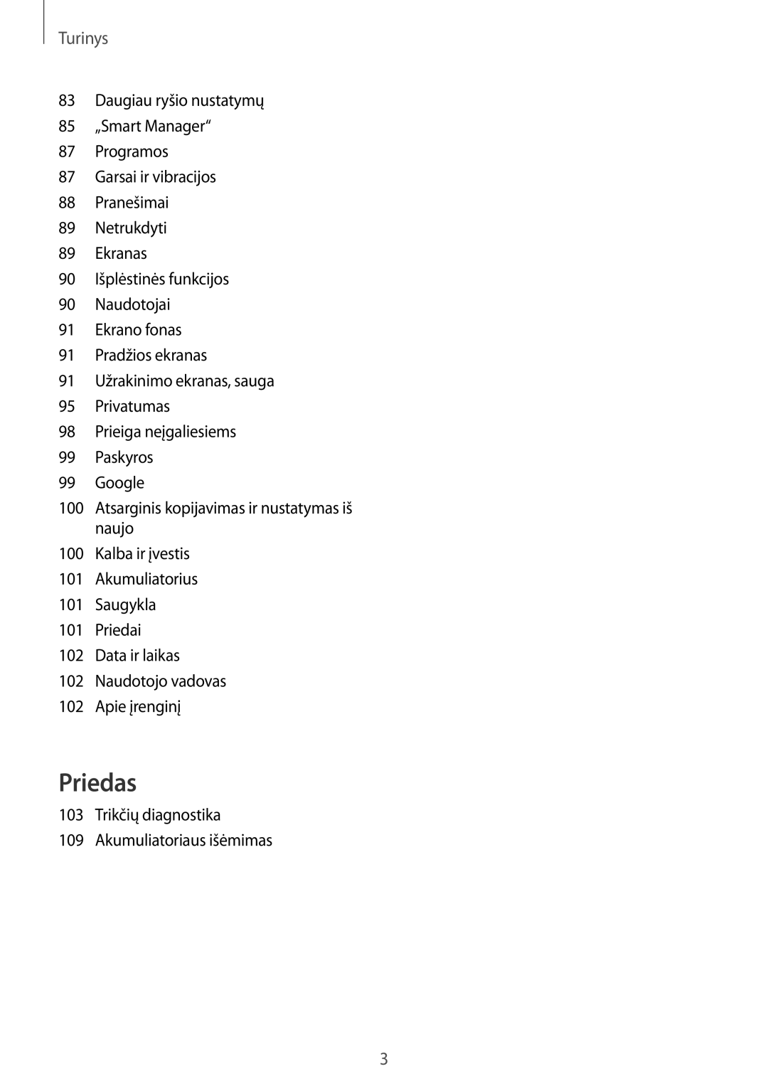 Samsung SM-T819NZWESEB, SM-T819NZKESEB manual Turinys, Trikčių diagnostika Akumuliatoriaus išėmimas 