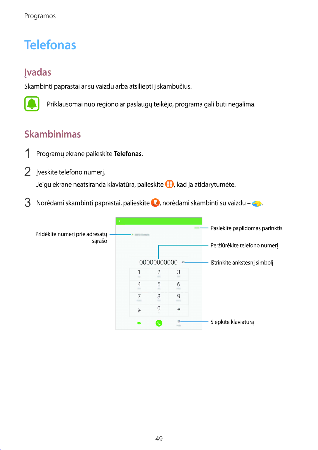 Samsung SM-T819NZWESEB, SM-T819NZKESEB manual Telefonas, Skambinimas 