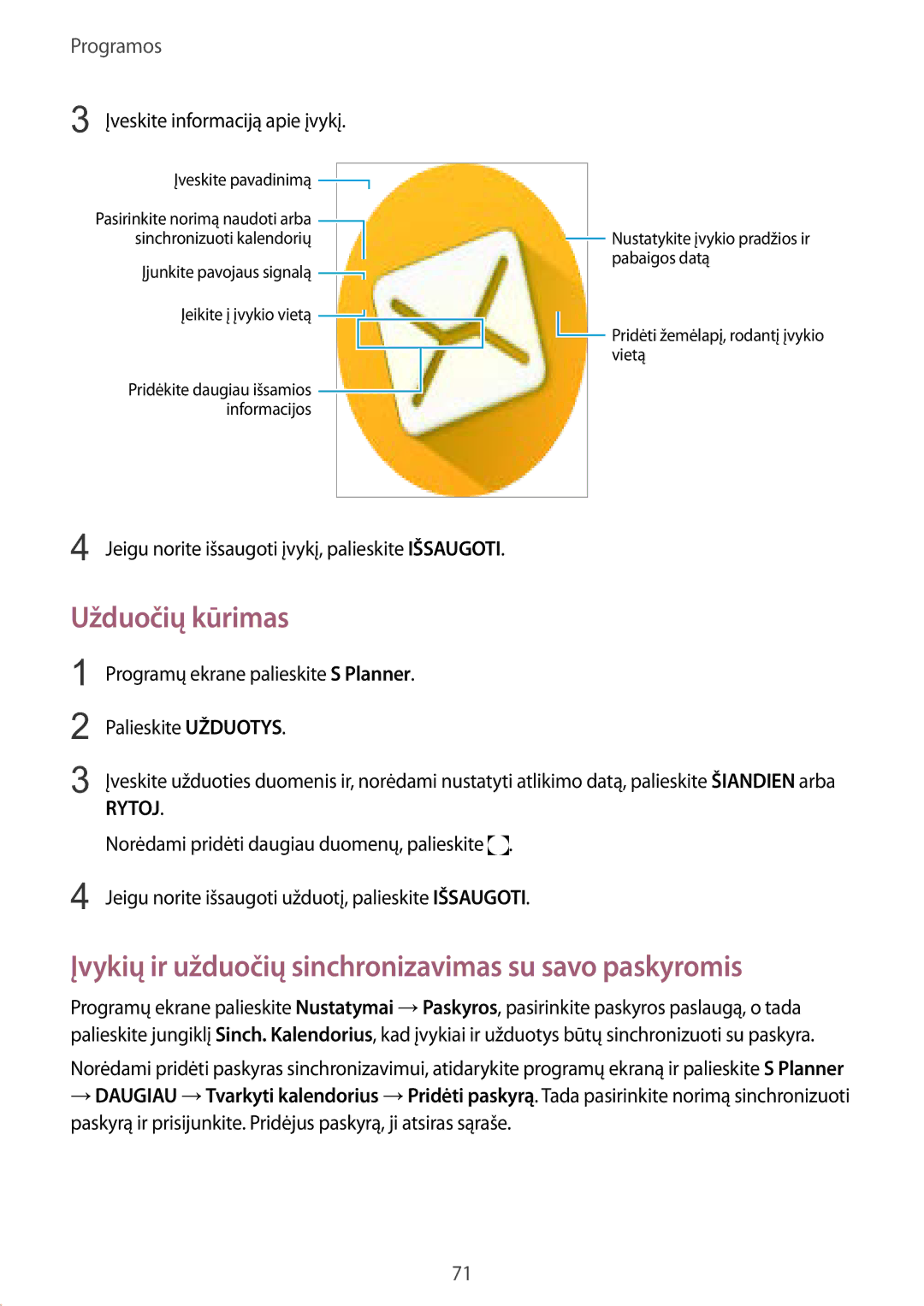 Samsung SM-T819NZWESEB, SM-T819NZKESEB manual Užduočių kūrimas, Įvykių ir užduočių sinchronizavimas su savo paskyromis 