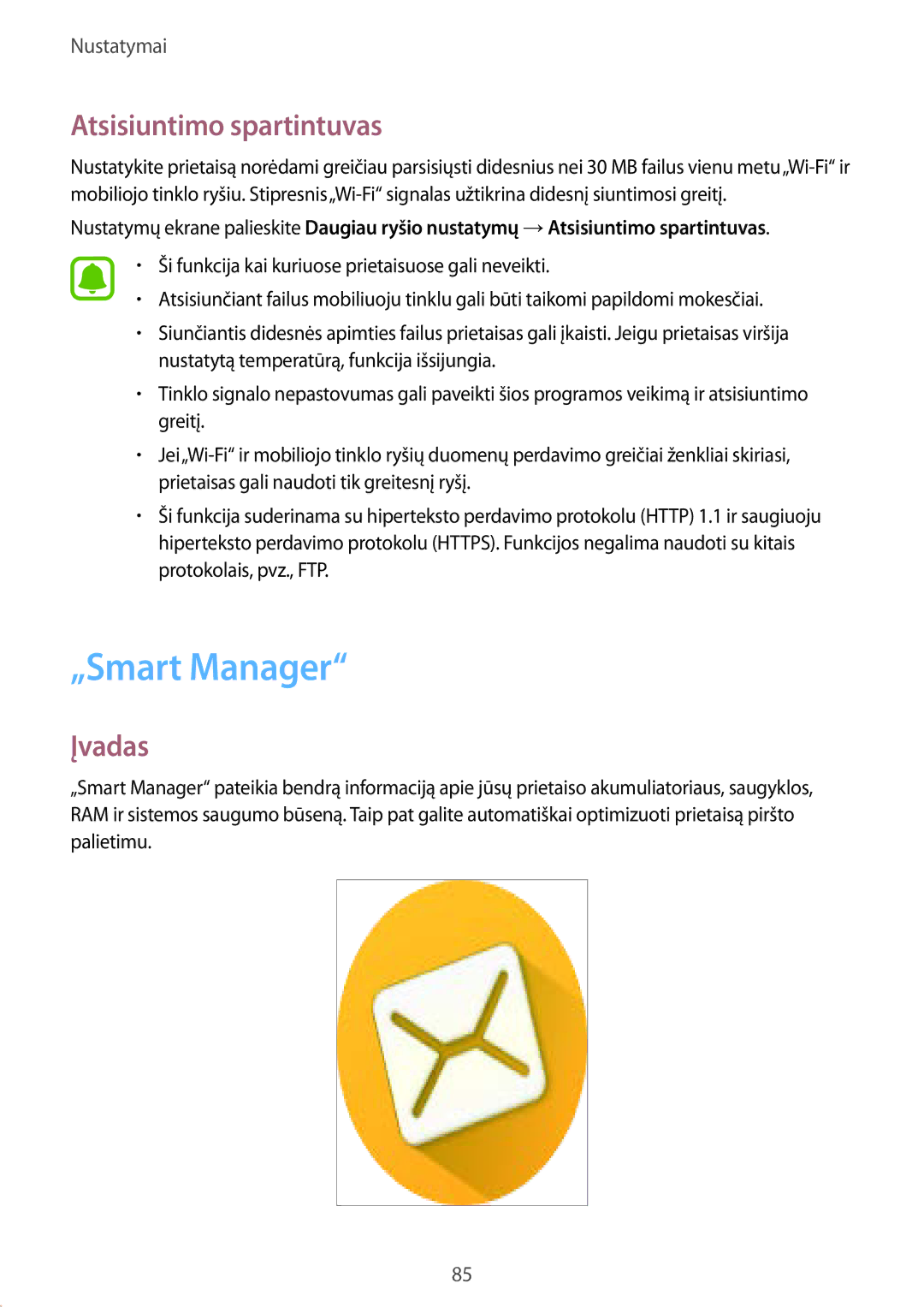 Samsung SM-T819NZWESEB, SM-T819NZKESEB manual „Smart Manager, Atsisiuntimo spartintuvas 