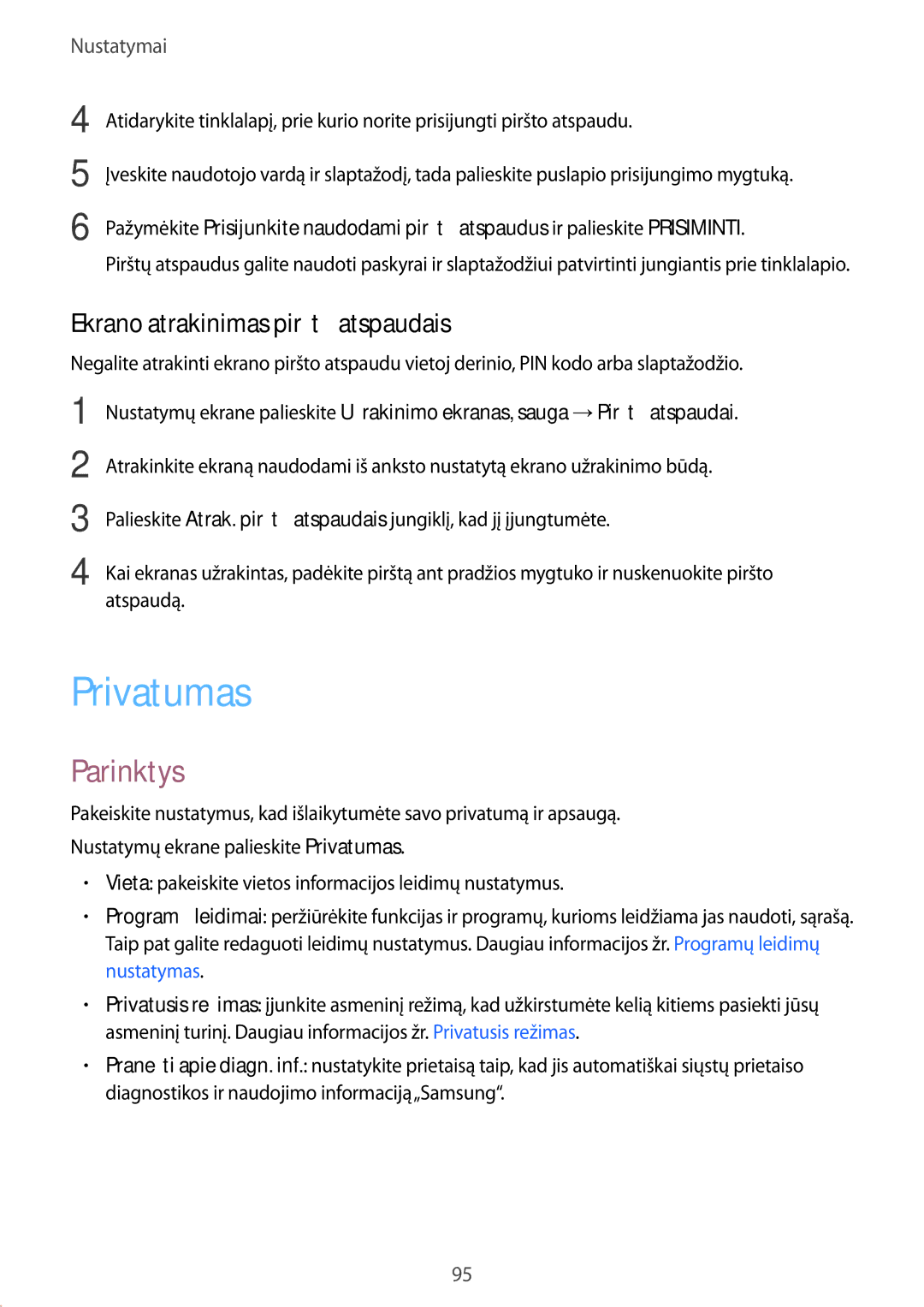 Samsung SM-T819NZWESEB, SM-T819NZKESEB manual Privatumas, Ekrano atrakinimas pirštų atspaudais 
