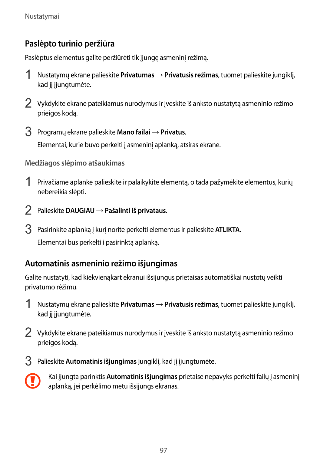 Samsung SM-T819NZWESEB, SM-T819NZKESEB manual Paslėpto turinio peržiūra, Automatinis asmeninio režimo išjungimas 