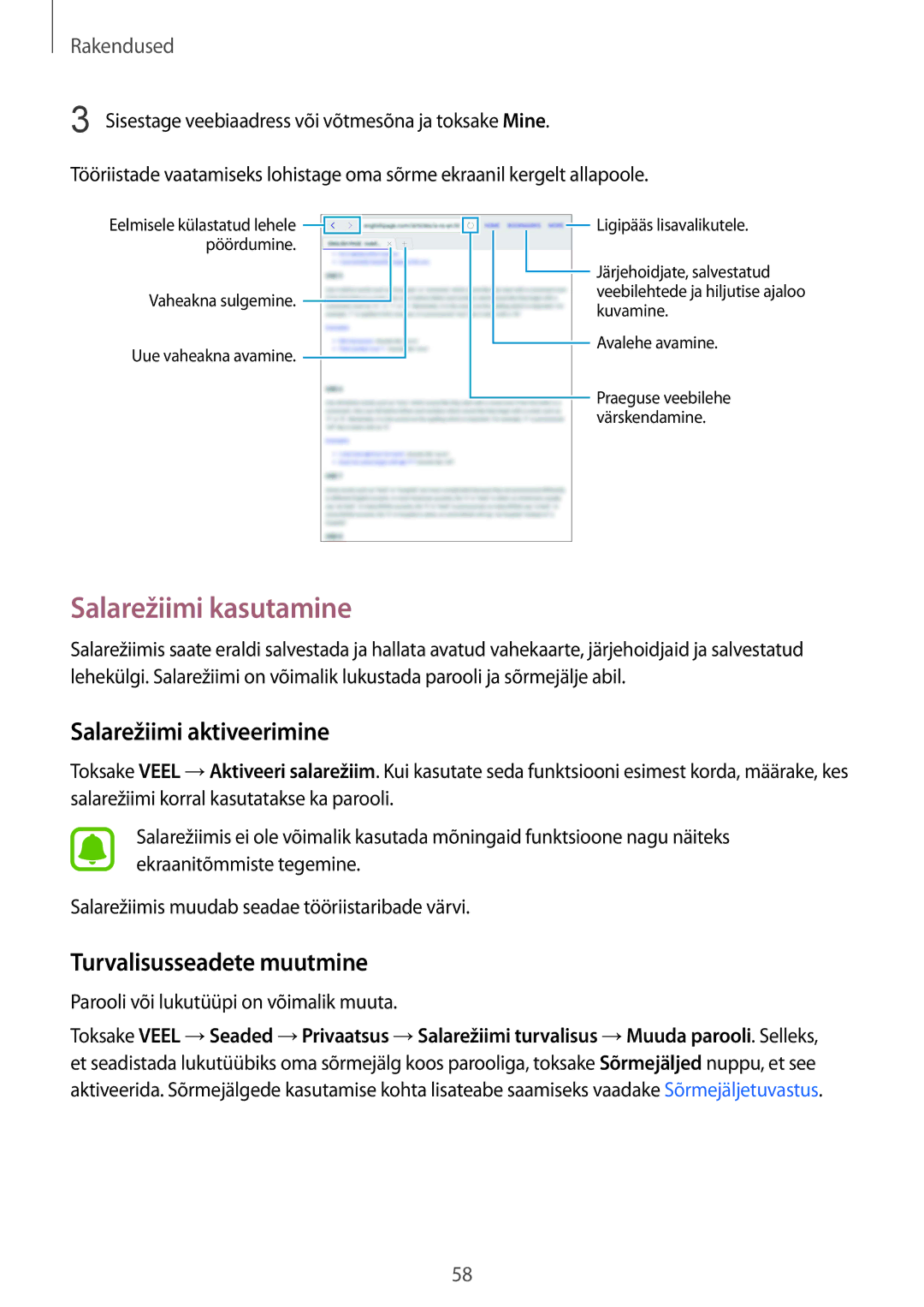 Samsung SM-T819NZKESEB, SM-T819NZWESEB manual Salarežiimi kasutamine, Salarežiimi aktiveerimine, Turvalisusseadete muutmine 