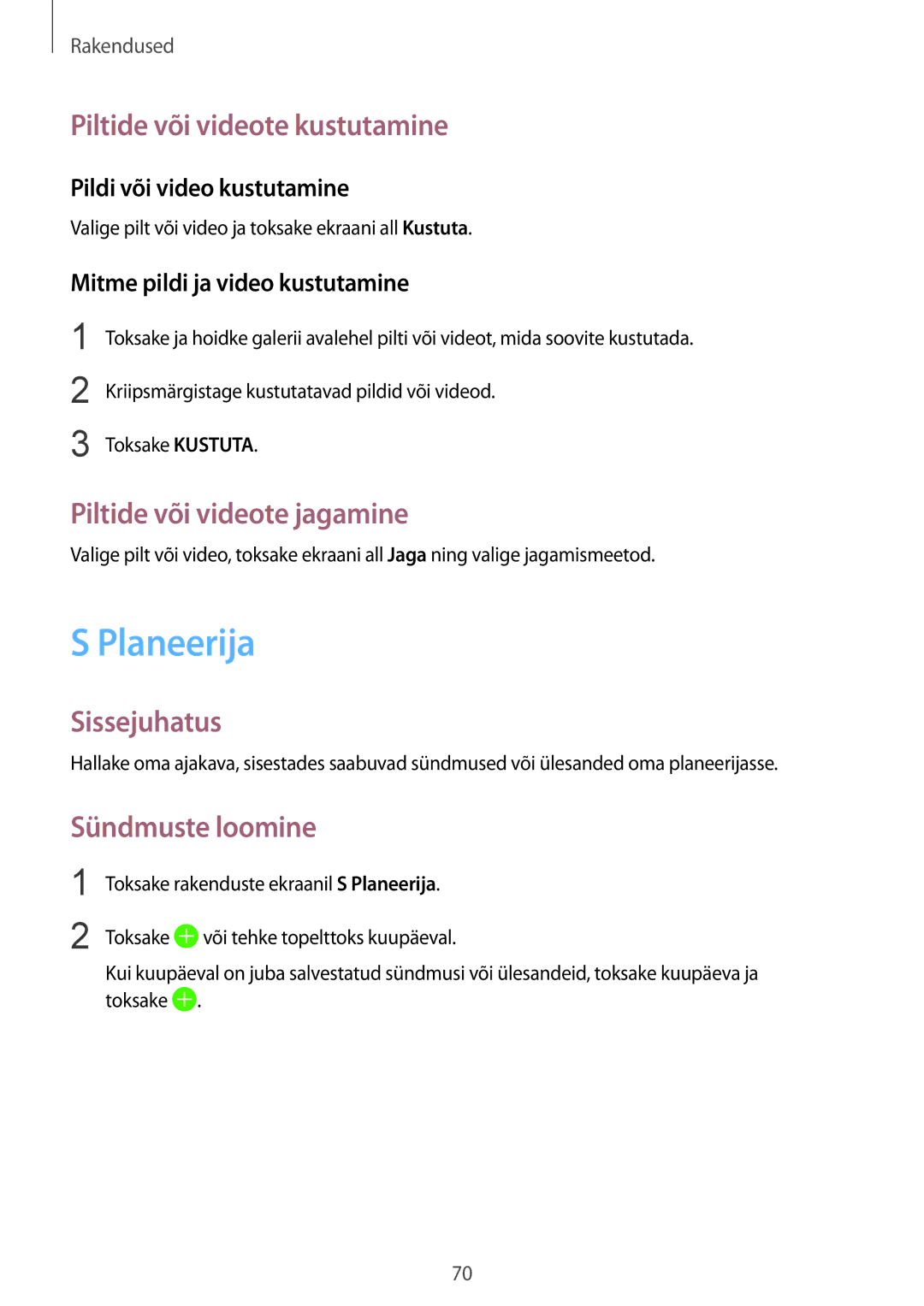 Samsung SM-T819NZKESEB manual Planeerija, Piltide või videote kustutamine, Piltide või videote jagamine, Sündmuste loomine 