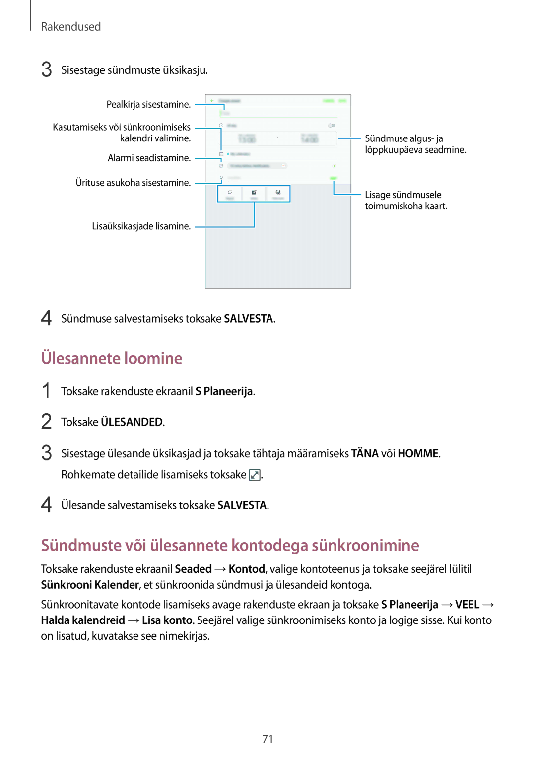 Samsung SM-T819NZWESEB, SM-T819NZKESEB manual Ülesannete loomine, Sündmuste või ülesannete kontodega sünkroonimine 