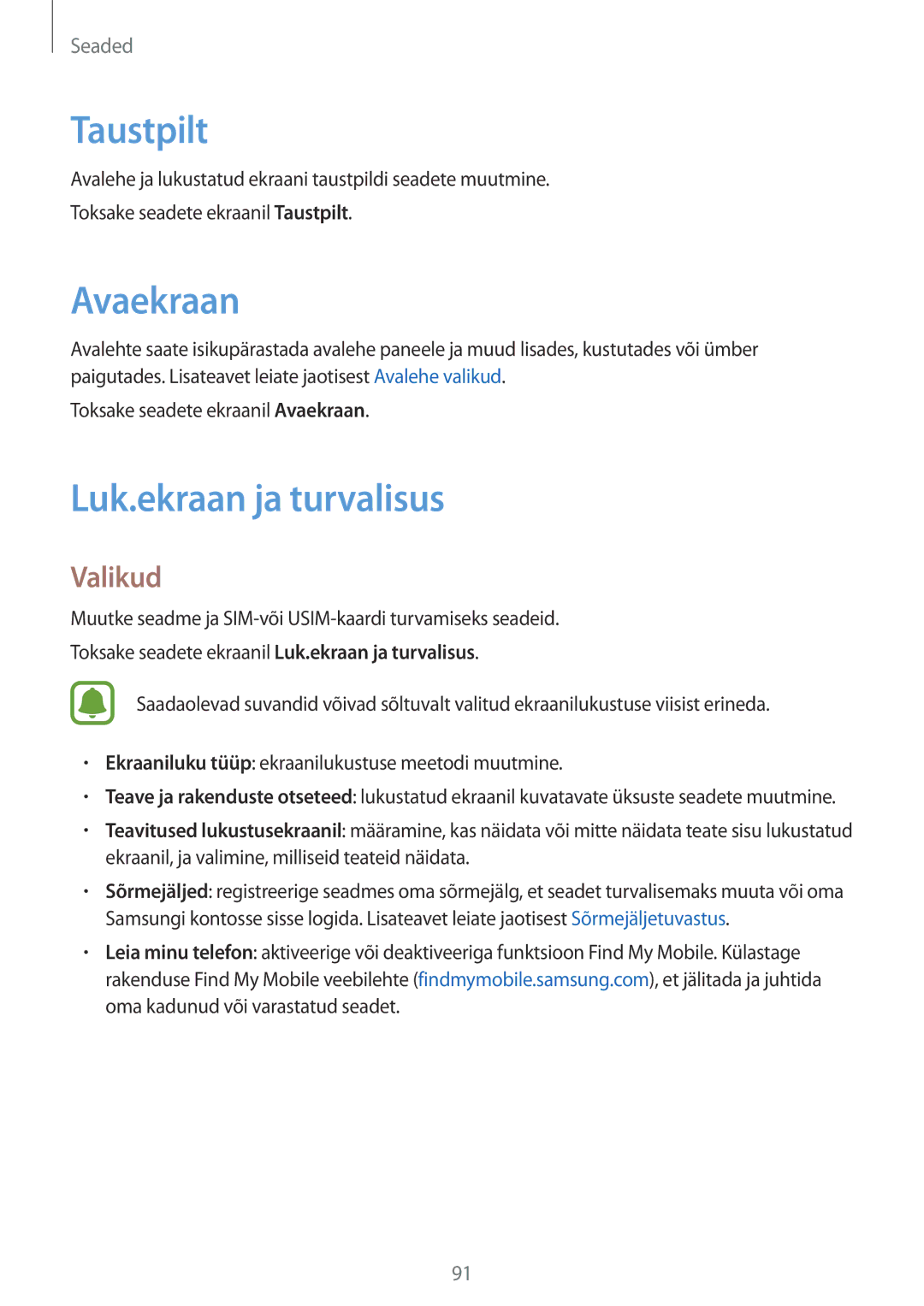 Samsung SM-T819NZWESEB, SM-T819NZKESEB manual Taustpilt, Avaekraan, Luk.ekraan ja turvalisus 