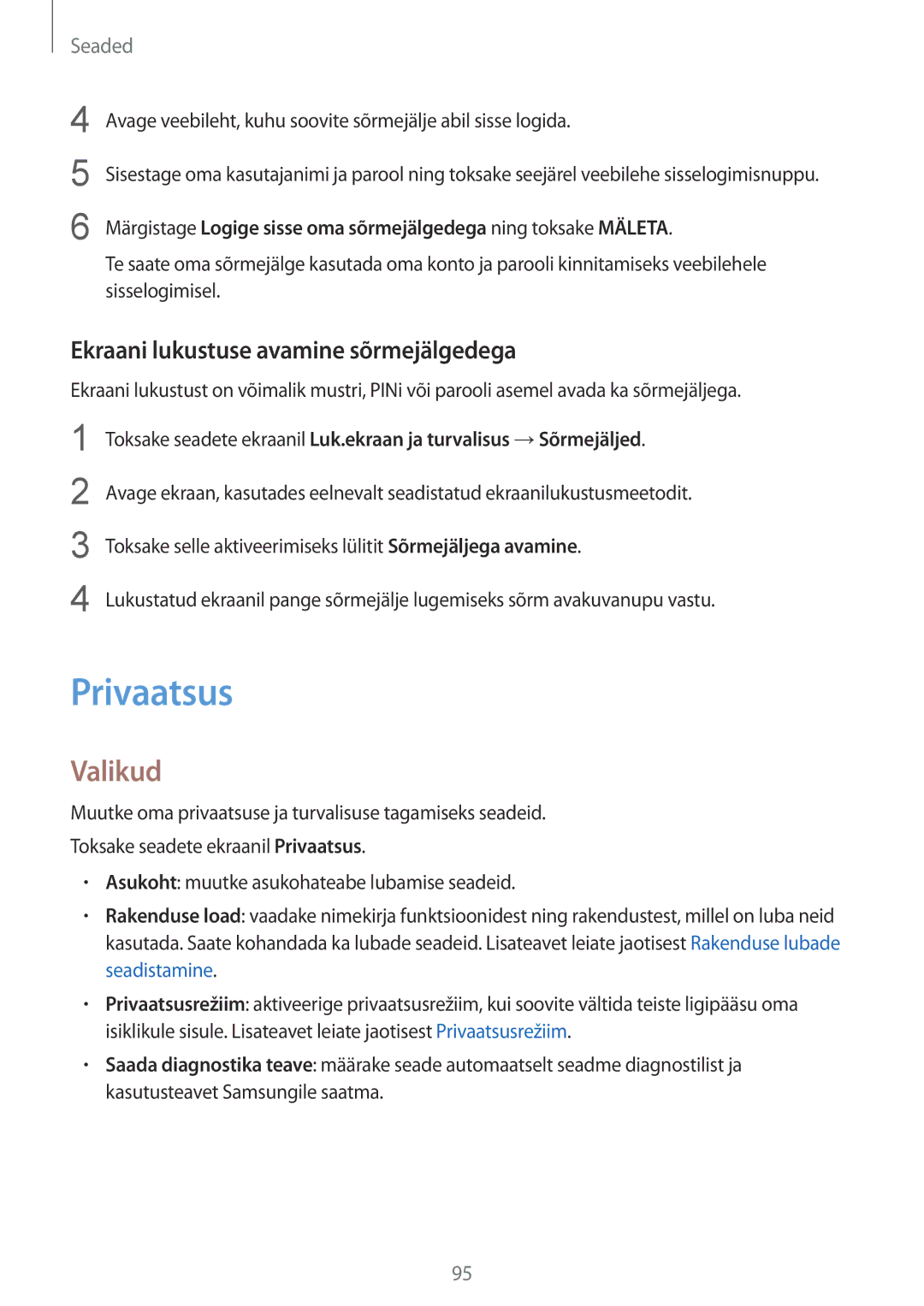 Samsung SM-T819NZWESEB, SM-T819NZKESEB manual Privaatsus, Ekraani lukustuse avamine sõrmejälgedega 