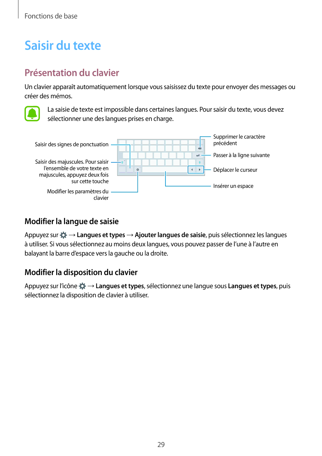 Samsung SM-T719NZKEXEF, SM-T819NZWEXEF manual Saisir du texte, Présentation du clavier, Modifier la langue de saisie 