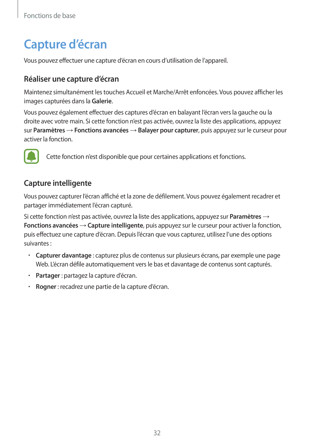 Samsung SM-T719NZKEXEF, SM-T819NZWEXEF, SM-T719NZWEXEF Capture d’écran, Réaliser une capture d’écran, Capture intelligente 