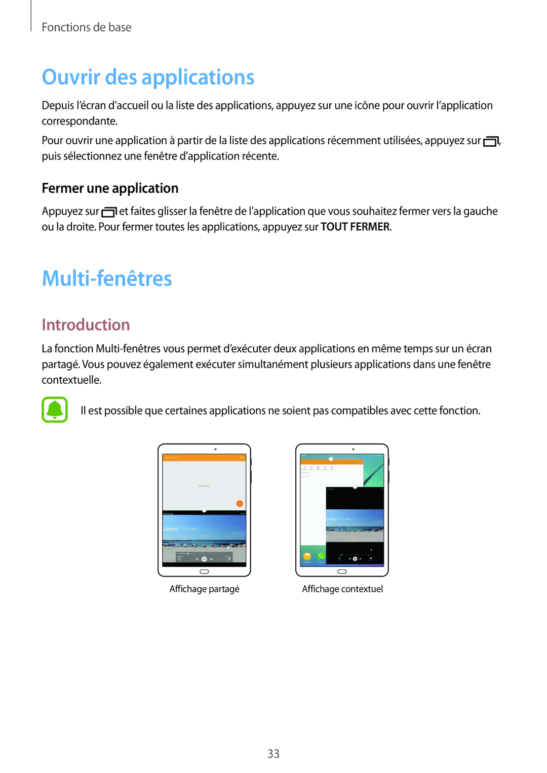 Samsung SM-T819NZWEXEF, SM-T719NZWEXEF manual Ouvrir des applications, Multi-fenêtres, Introduction, Fermer une application 