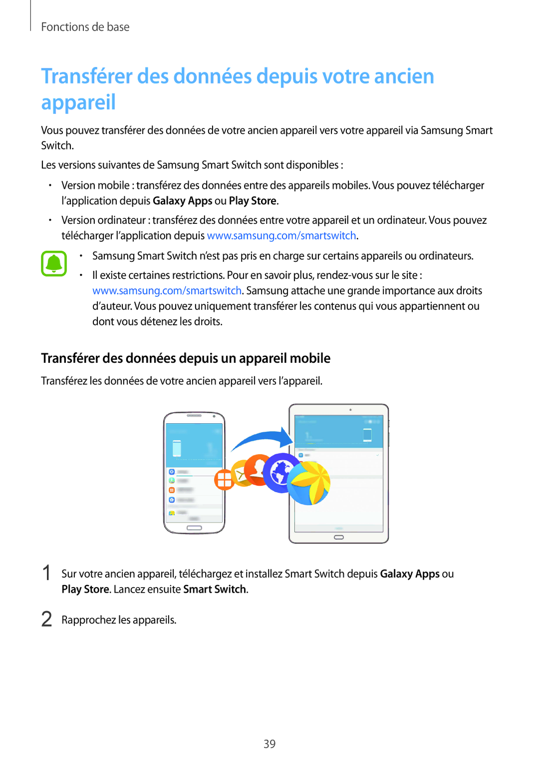 Samsung SM-T819NZWEXEF, SM-T719NZWEXEF, SM-T719NZKEXEF manual Transférer des données depuis votre ancien appareil 