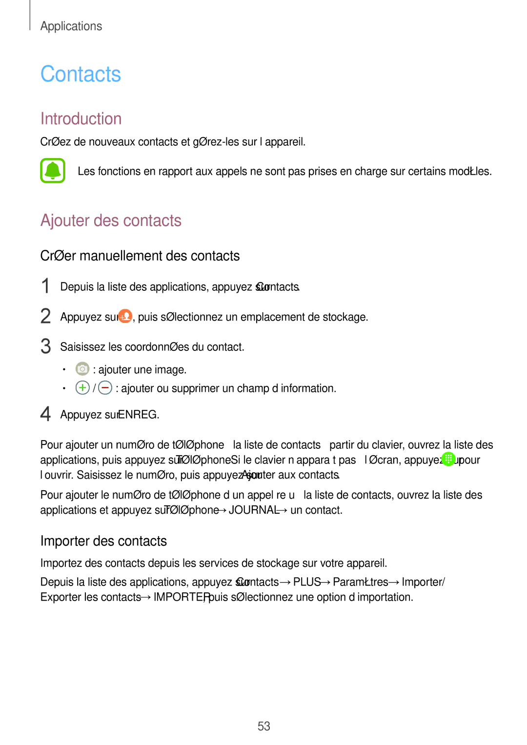 Samsung SM-T719NZKEXEF manual Contacts, Ajouter des contacts, Créer manuellement des contacts, Importer des contacts 