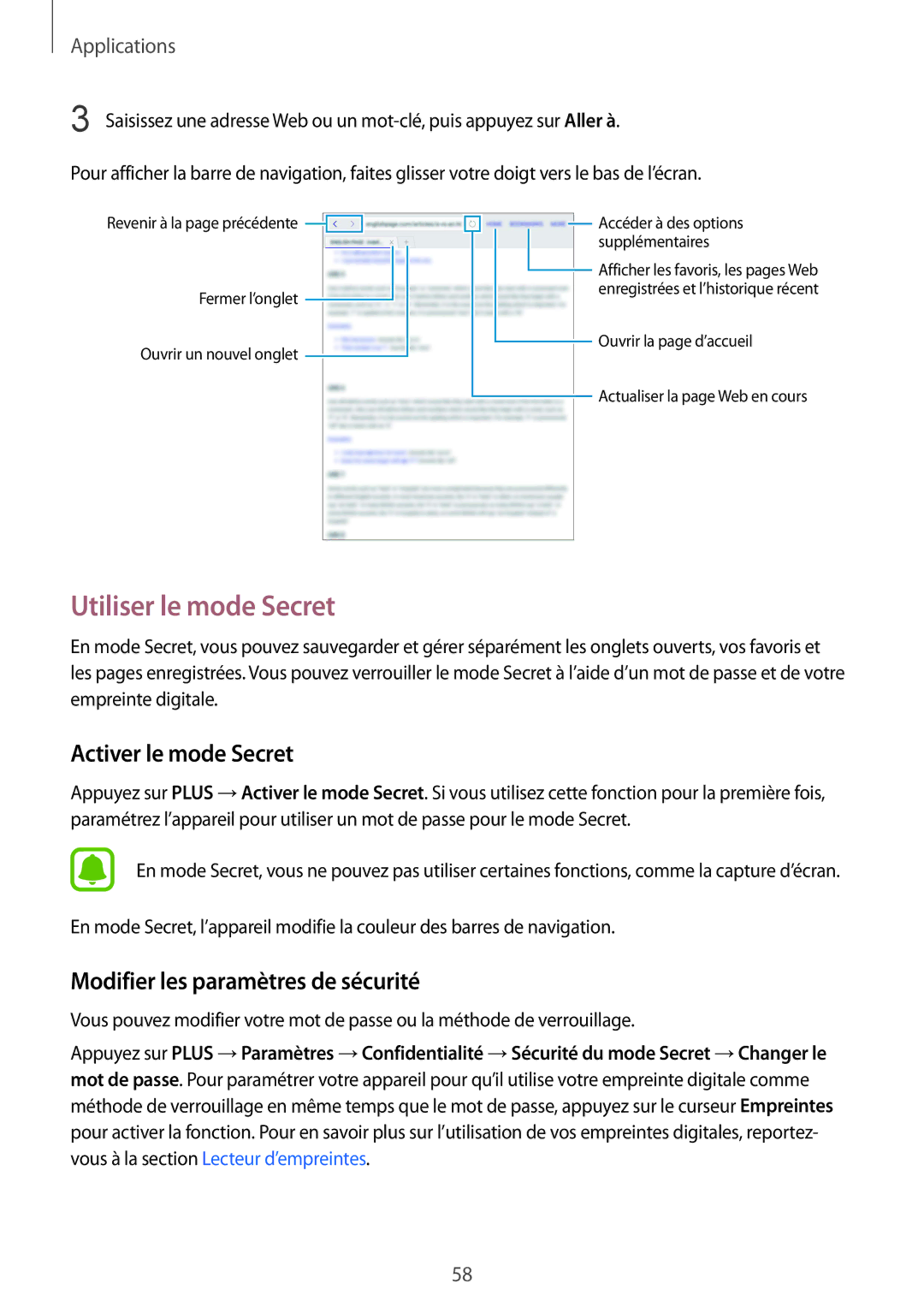 Samsung SM-T719NZWEXEF manual Utiliser le mode Secret, Activer le mode Secret, Modifier les paramètres de sécurité 