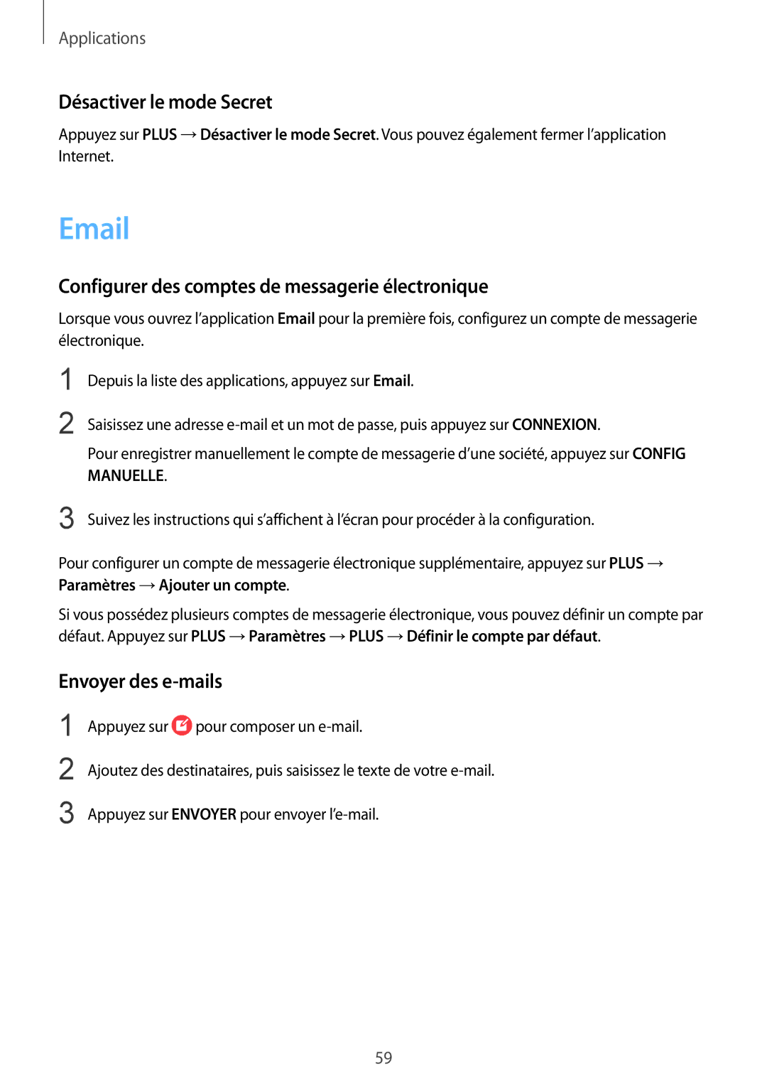 Samsung SM-T719NZKEXEF Désactiver le mode Secret, Configurer des comptes de messagerie électronique, Envoyer des e-mails 