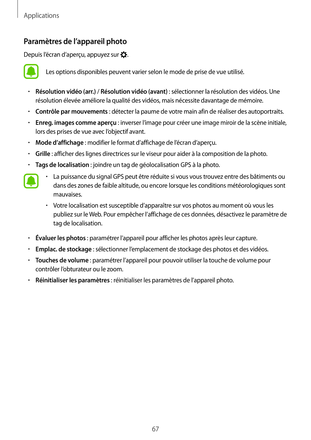 Samsung SM-T719NZWEXEF, SM-T819NZWEXEF, SM-T719NZKEXEF manual Paramètres de l’appareil photo 