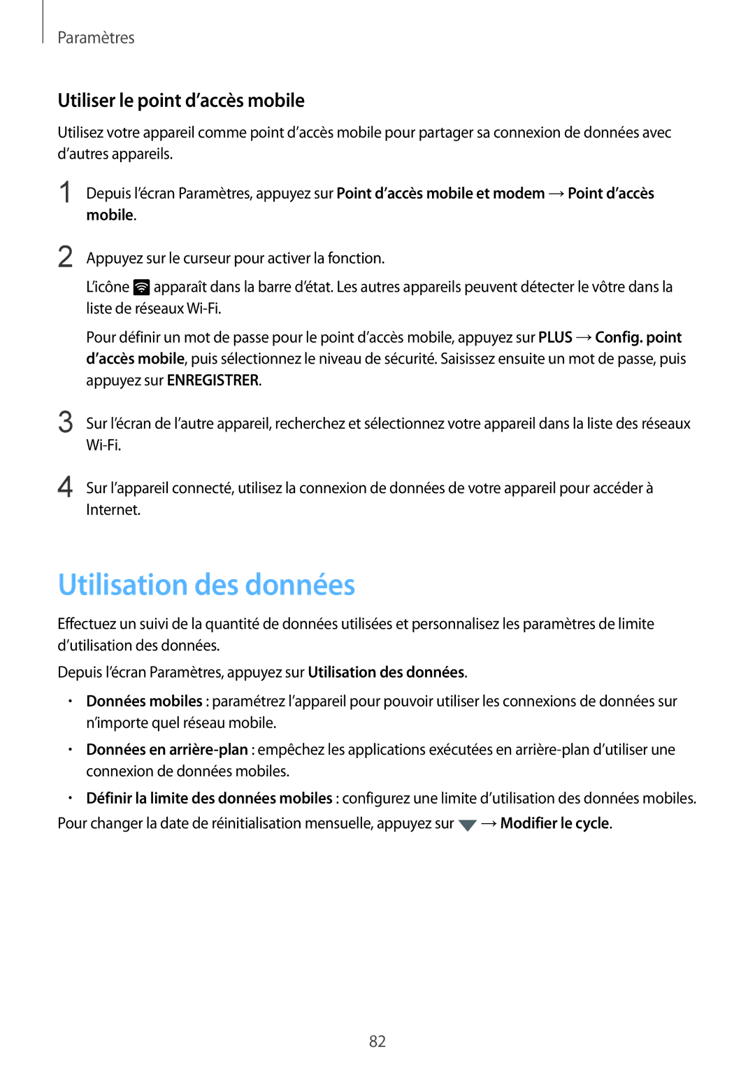 Samsung SM-T719NZWEXEF, SM-T819NZWEXEF, SM-T719NZKEXEF manual Utilisation des données, Utiliser le point d’accès mobile 