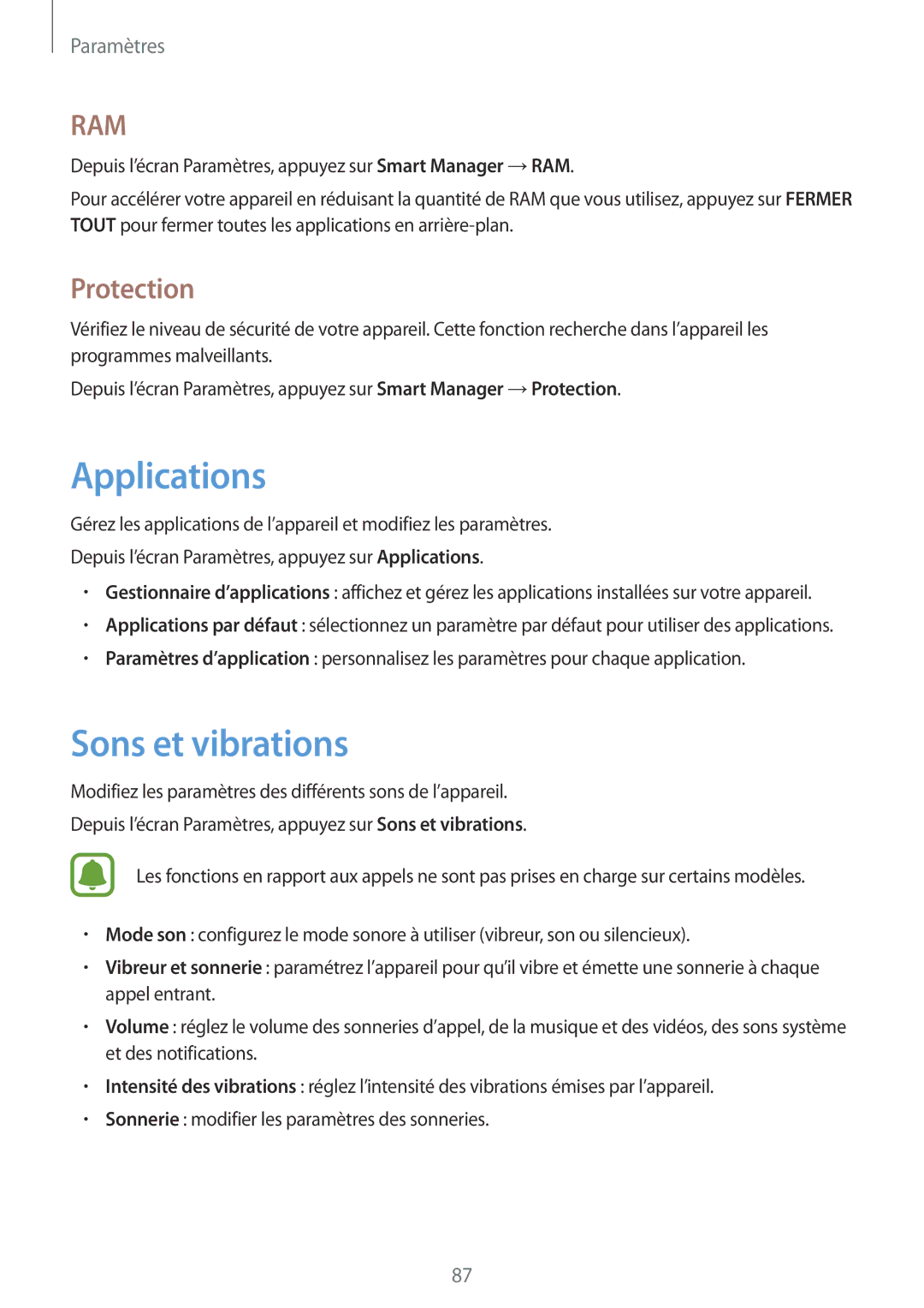 Samsung SM-T819NZWEXEF, SM-T719NZWEXEF, SM-T719NZKEXEF manual Applications, Sons et vibrations, Protection 