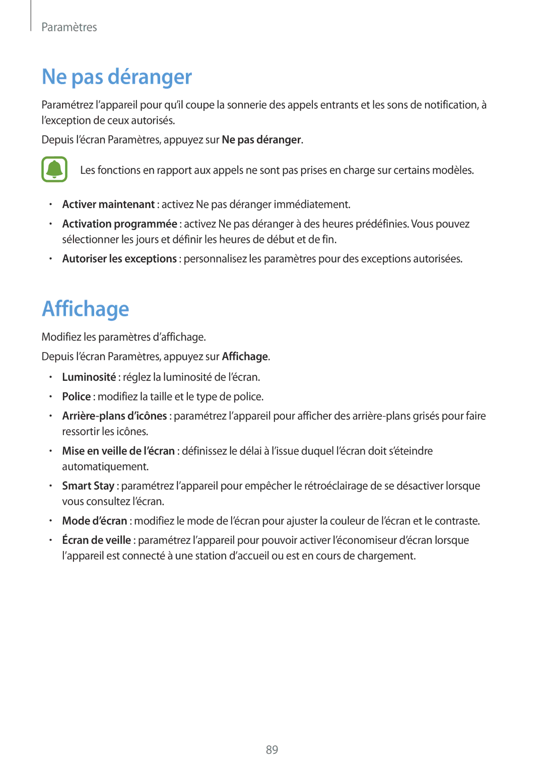 Samsung SM-T719NZKEXEF, SM-T819NZWEXEF, SM-T719NZWEXEF manual Ne pas déranger, Affichage 