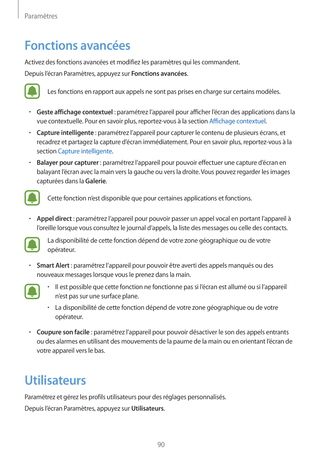 Samsung SM-T819NZWEXEF, SM-T719NZWEXEF, SM-T719NZKEXEF manual Fonctions avancées, Utilisateurs 
