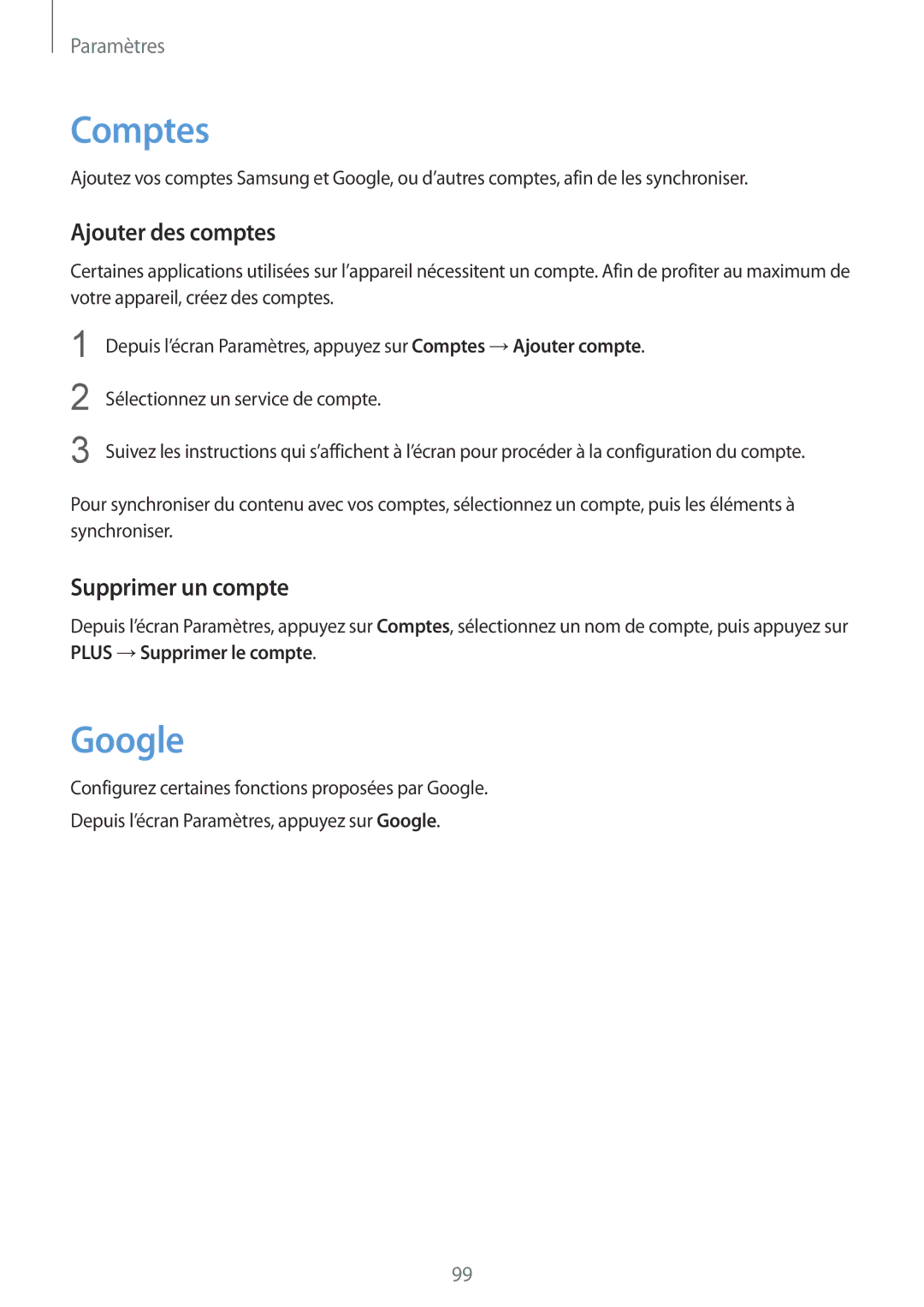 Samsung SM-T819NZWEXEF, SM-T719NZWEXEF, SM-T719NZKEXEF manual Comptes, Google, Ajouter des comptes, Supprimer un compte 