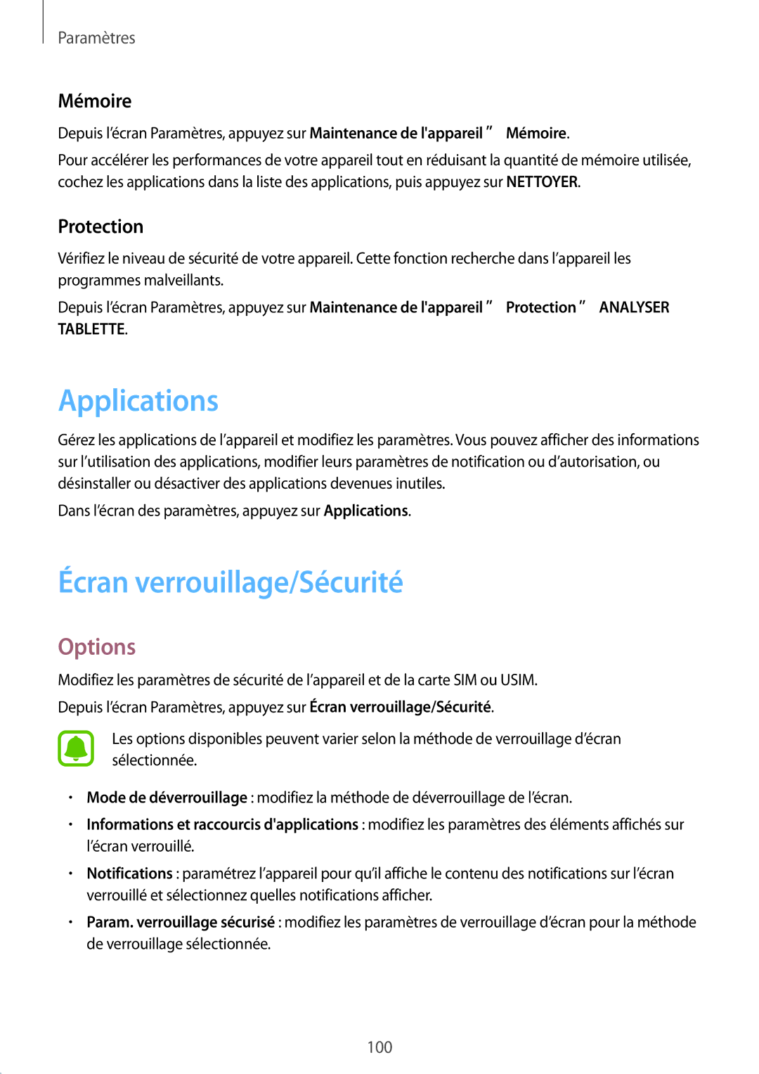 Samsung SM-T719NZWEXEF, SM-T819NZWEXEF, SM-T719NZKEXEF manual Applications, Écran verrouillage/Sécurité, Mémoire, Protection 