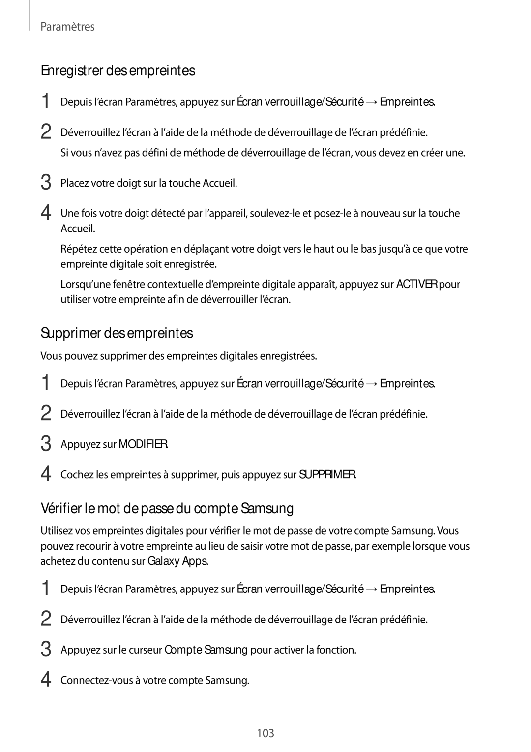 Samsung SM-T719NZWEXEF Enregistrer des empreintes, Supprimer des empreintes, Vérifier le mot de passe du compte Samsung 