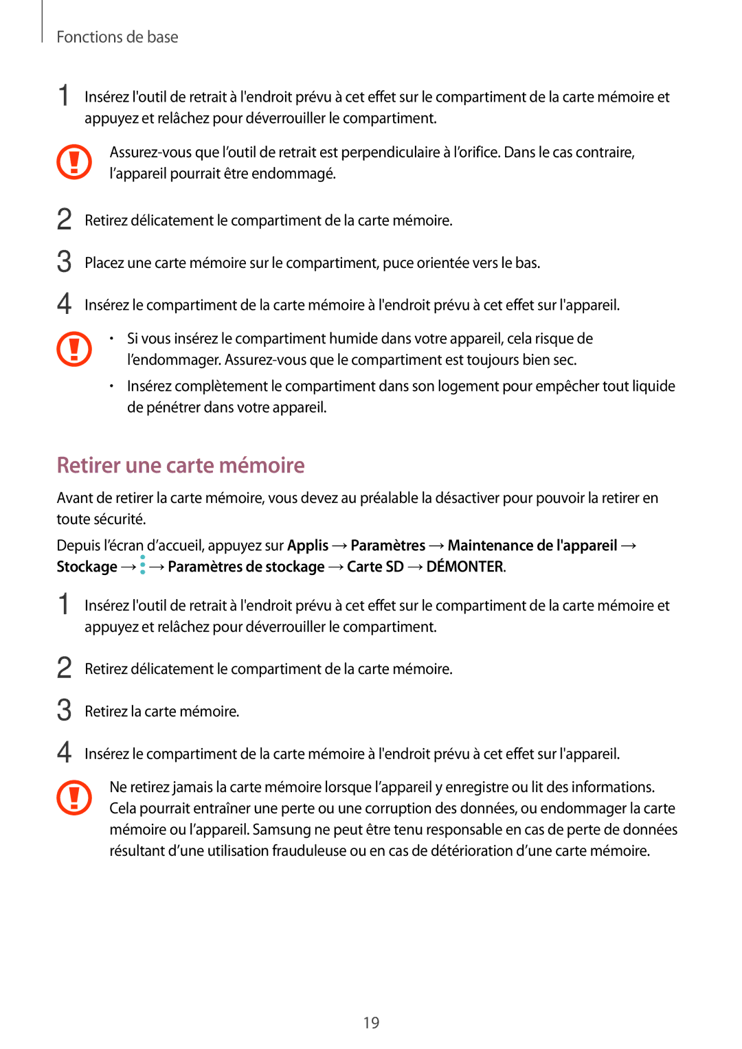 Samsung SM-T719NZWEXEF, SM-T819NZWEXEF, SM-T719NZKEXEF manual Retirer une carte mémoire 