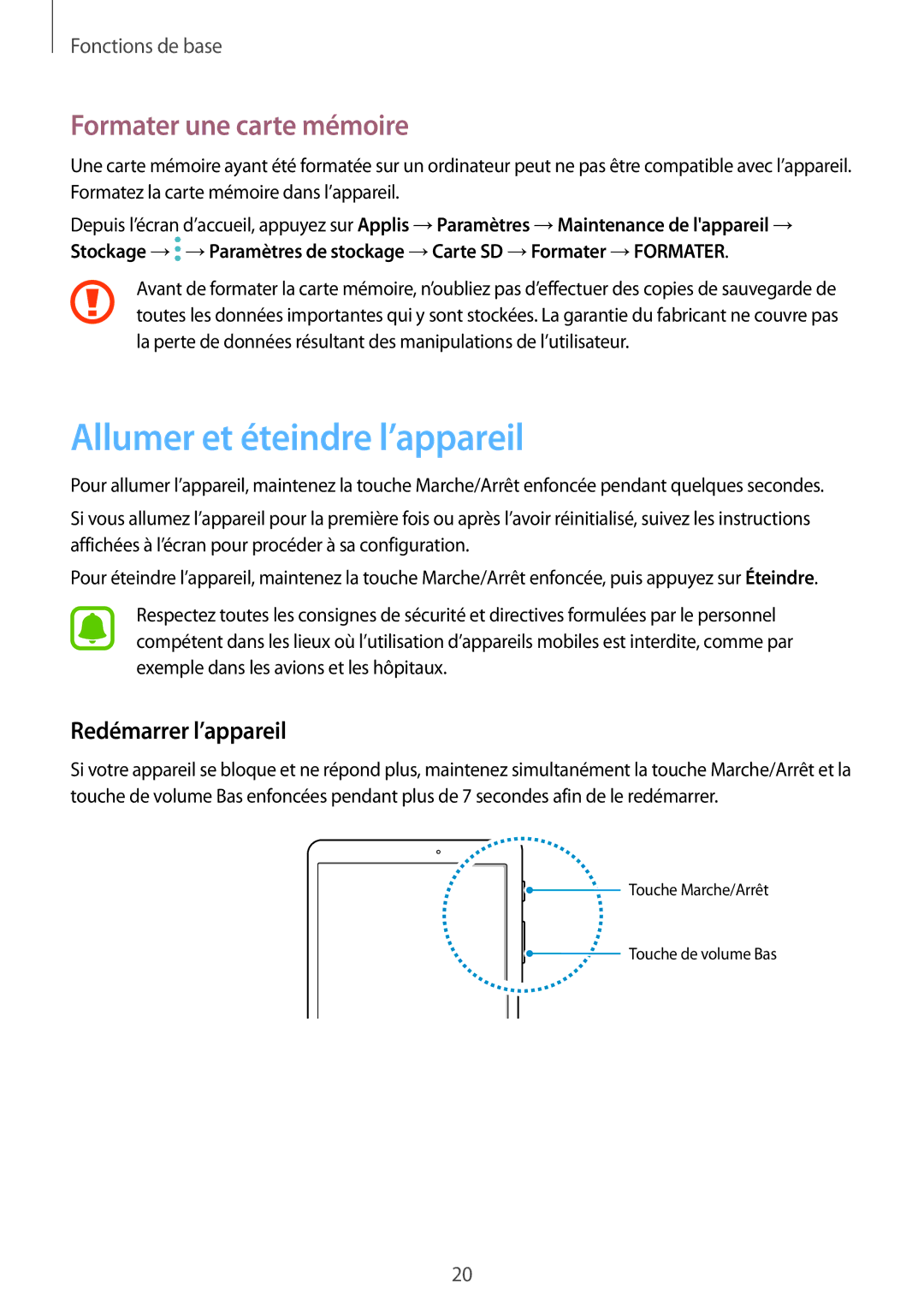 Samsung SM-T719NZKEXEF, SM-T819NZWEXEF Allumer et éteindre l’appareil, Formater une carte mémoire, Redémarrer l’appareil 