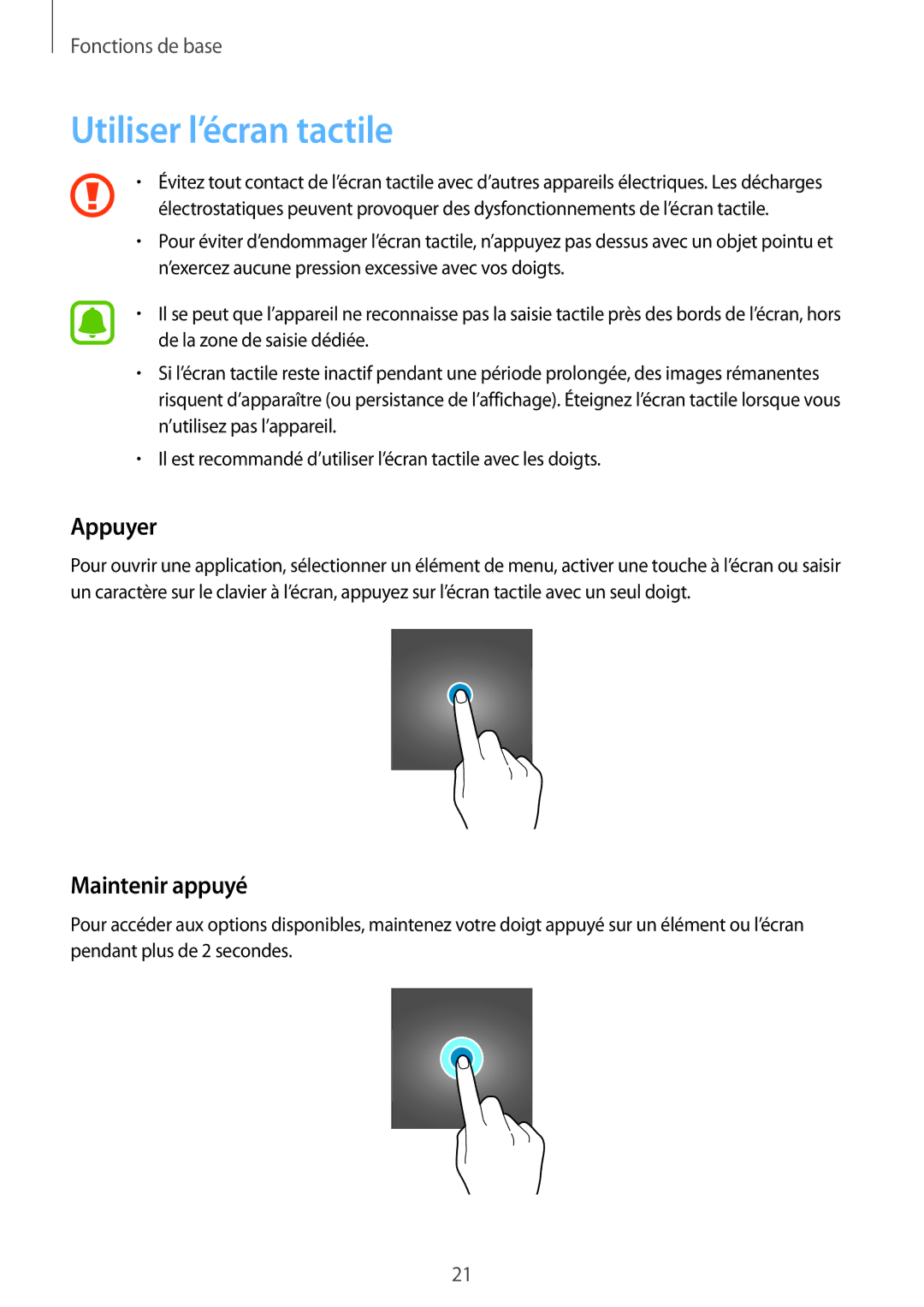 Samsung SM-T819NZWEXEF, SM-T719NZWEXEF, SM-T719NZKEXEF manual Utiliser l’écran tactile, Appuyer, Maintenir appuyé 