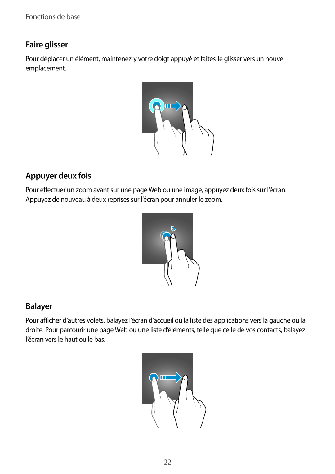 Samsung SM-T719NZWEXEF, SM-T819NZWEXEF, SM-T719NZKEXEF manual Faire glisser, Appuyer deux fois, Balayer 