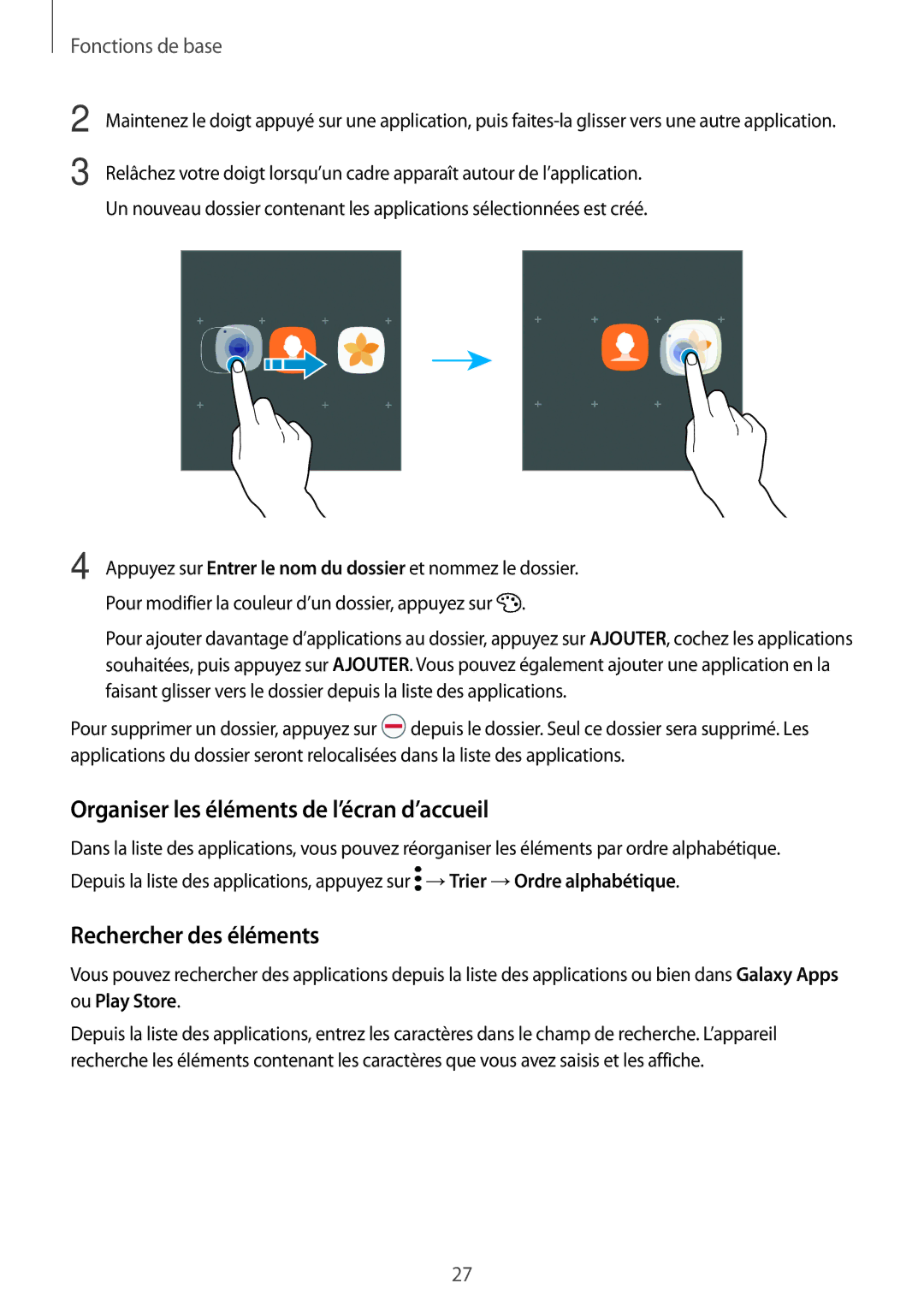 Samsung SM-T819NZWEXEF, SM-T719NZWEXEF, SM-T719NZKEXEF Organiser les éléments de l’écran d’accueil, Rechercher des éléments 