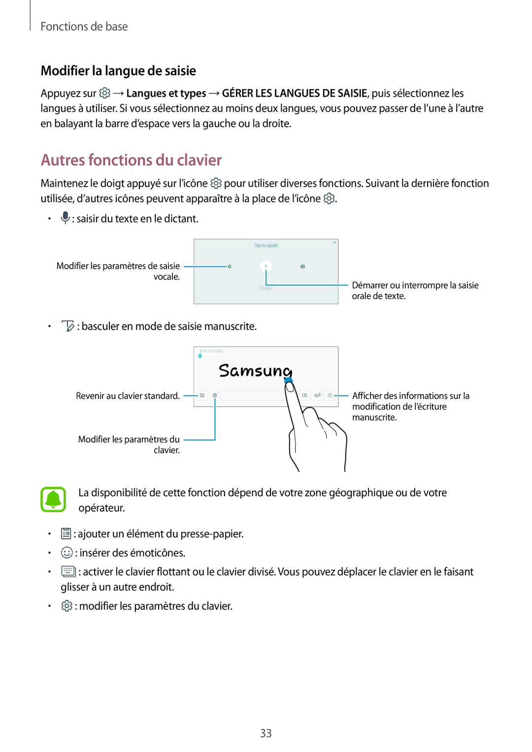 Samsung SM-T819NZWEXEF, SM-T719NZWEXEF, SM-T719NZKEXEF manual Autres fonctions du clavier, Modifier la langue de saisie 