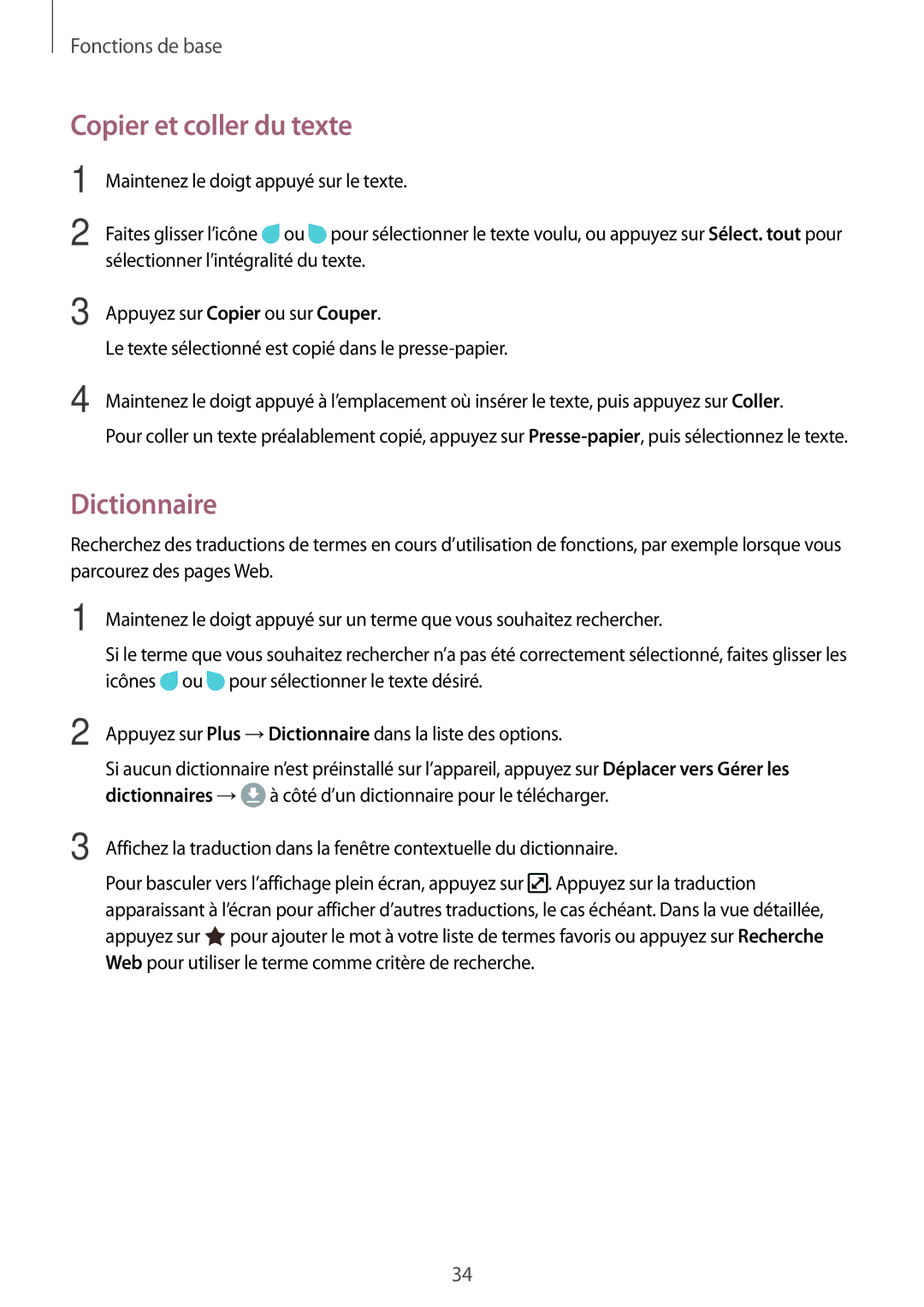 Samsung SM-T719NZWEXEF, SM-T819NZWEXEF, SM-T719NZKEXEF manual Copier et coller du texte, Dictionnaire 