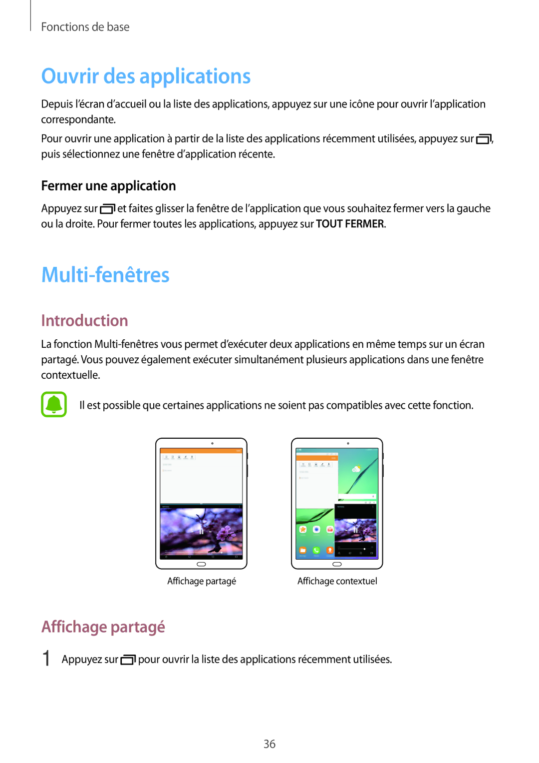 Samsung SM-T819NZWEXEF Ouvrir des applications, Multi-fenêtres, Introduction, Affichage partagé, Fermer une application 